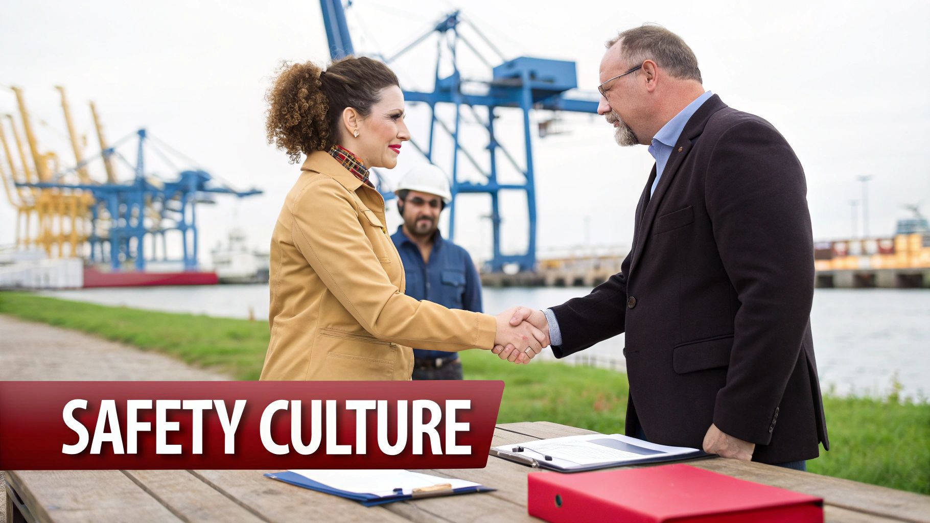 Two professionals shake hands at a port with cranes, symbolizing a commitment to safety culture.