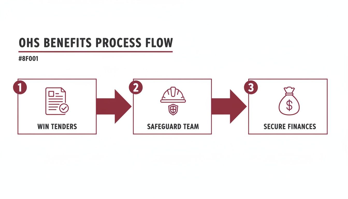 OHS Benefits Process Flow diagram with steps: Win Tenders, Safeguard Team, and Secure Finances.