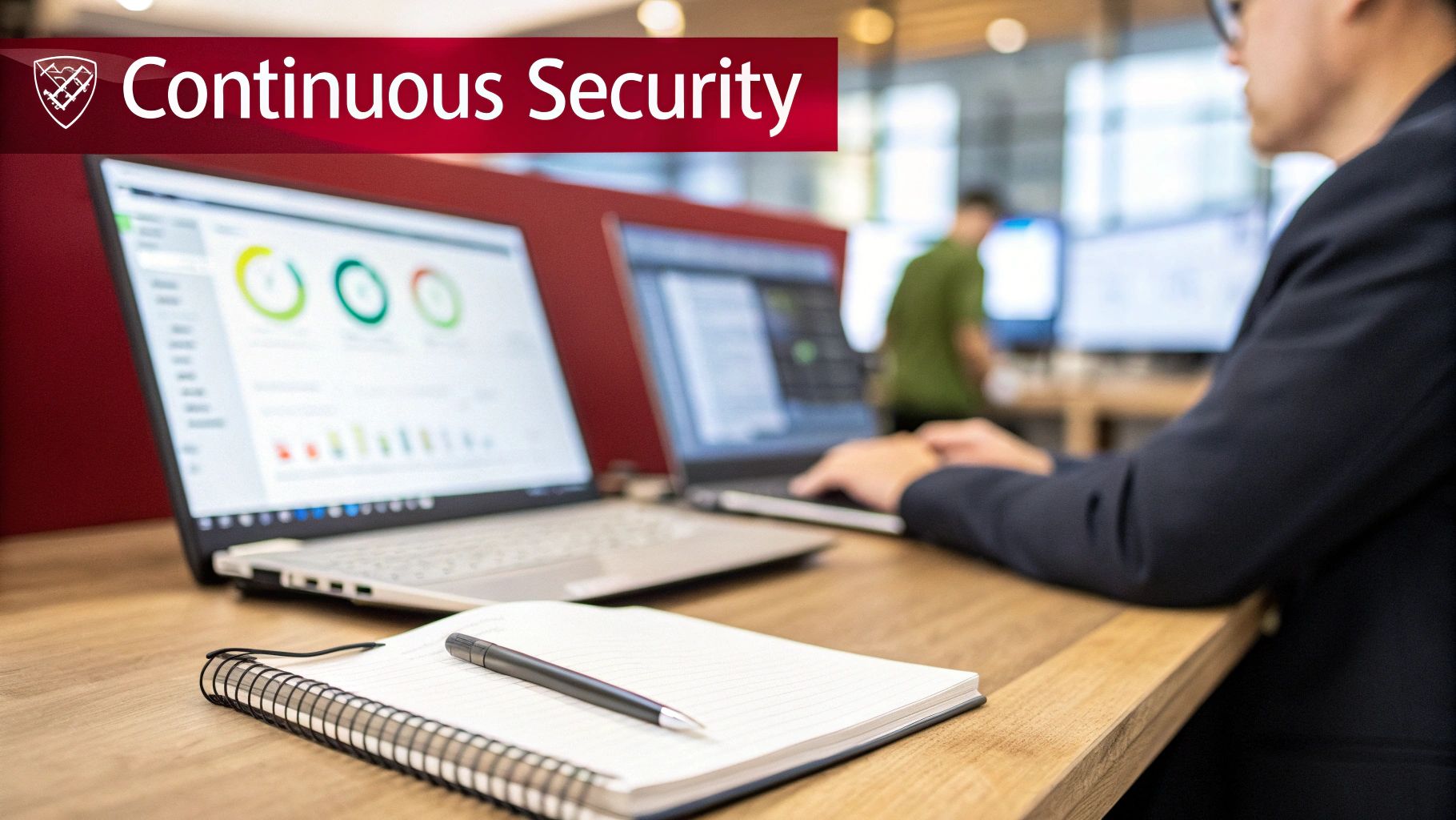 A person works on two laptops displaying security data charts in an office, with a notebook on the desk.