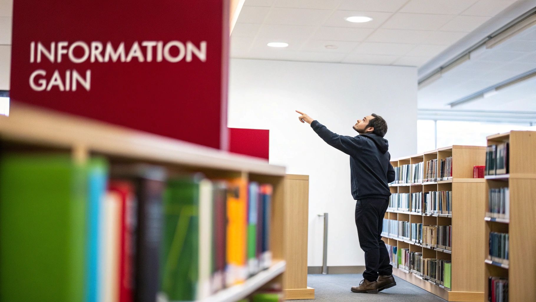 Man pointing up at a sign that says 'Information Gain' in a modern library.
