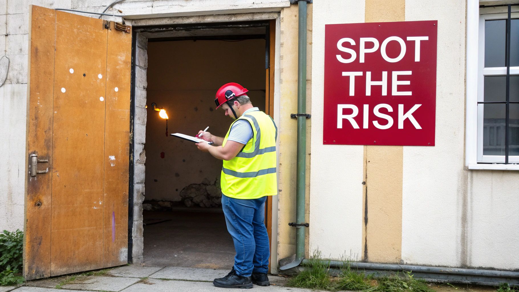 Construction worker in safety gear conducting risk assessment inspection at industrial site entrance