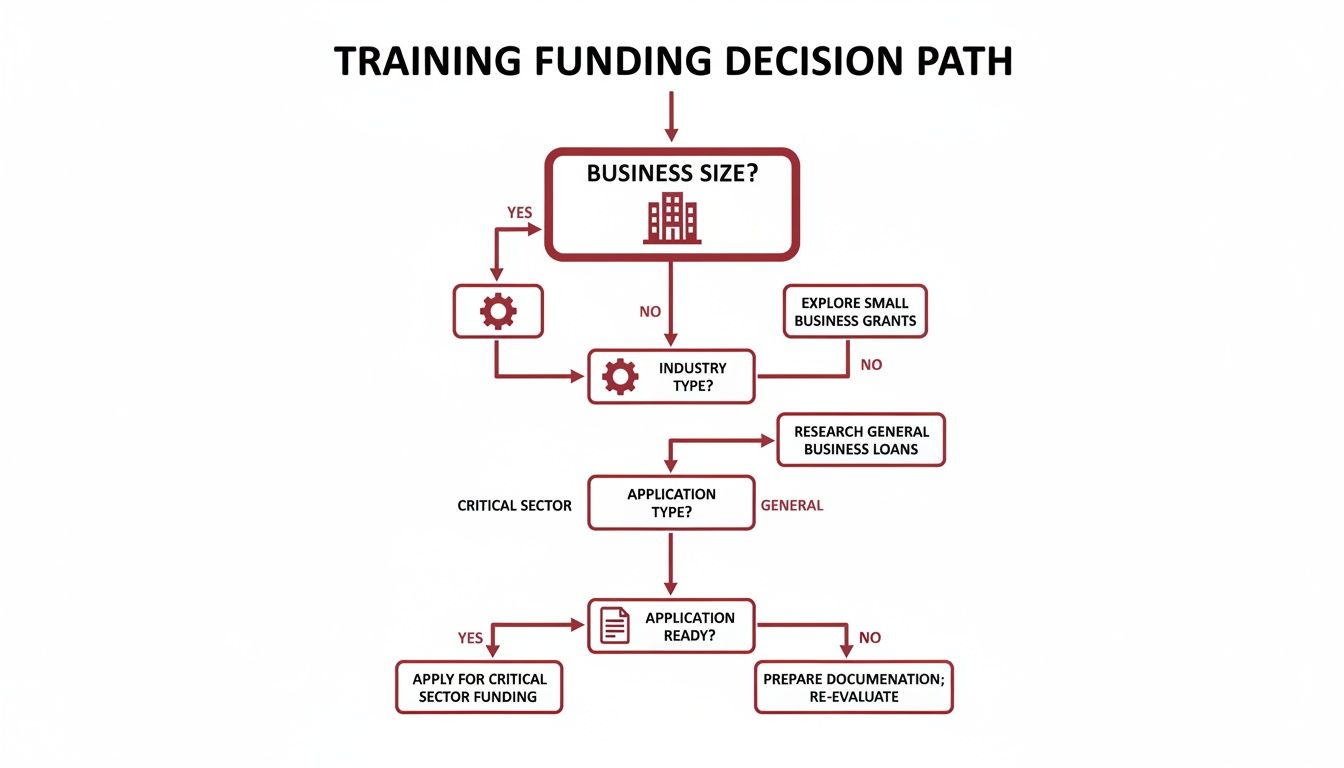 Flowchart illustrating a training funding decision path based on business size, industry, and application readiness.