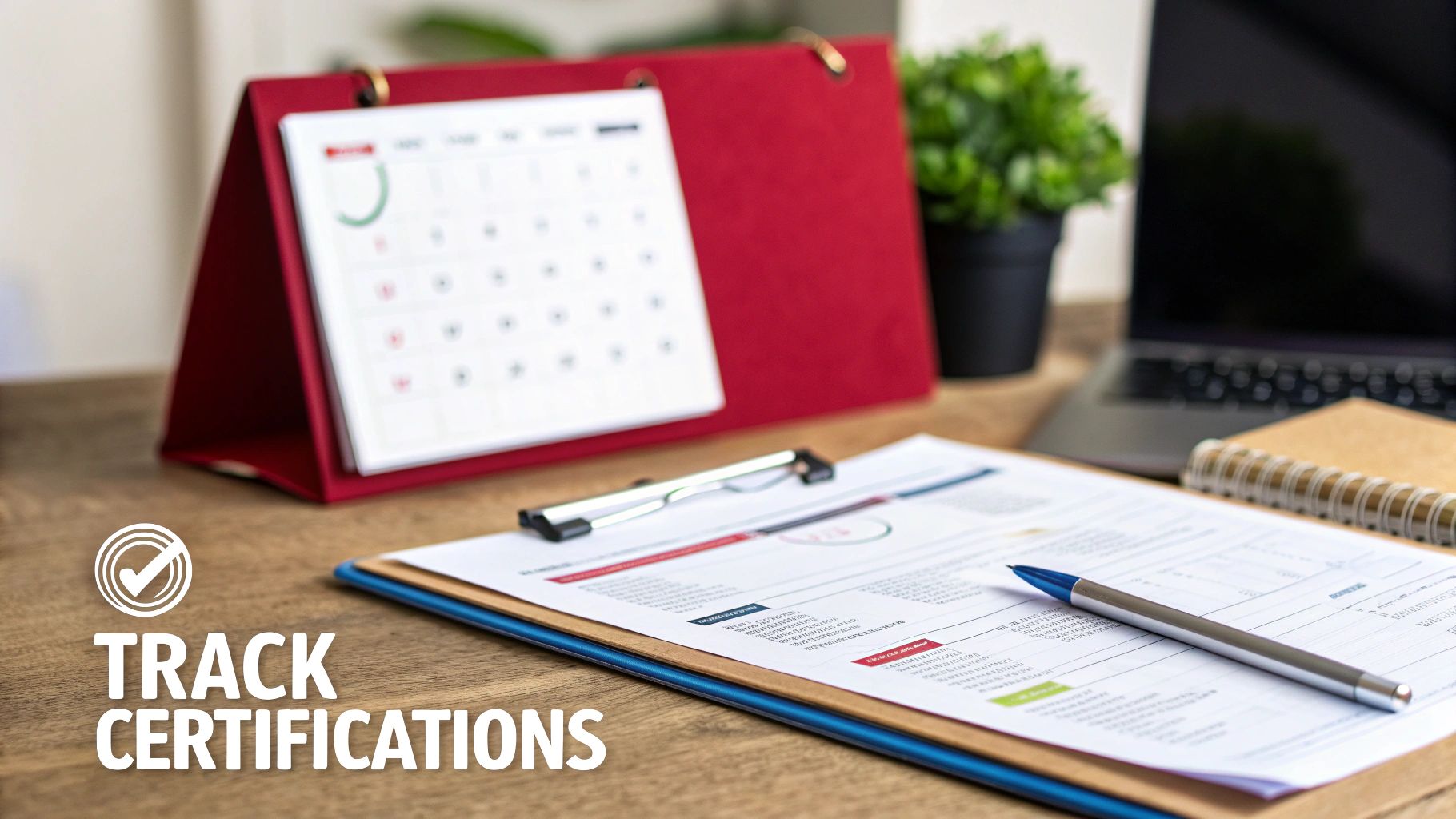 Professional desk workspace with calendar, documents, and pen for tracking certifications and training progress