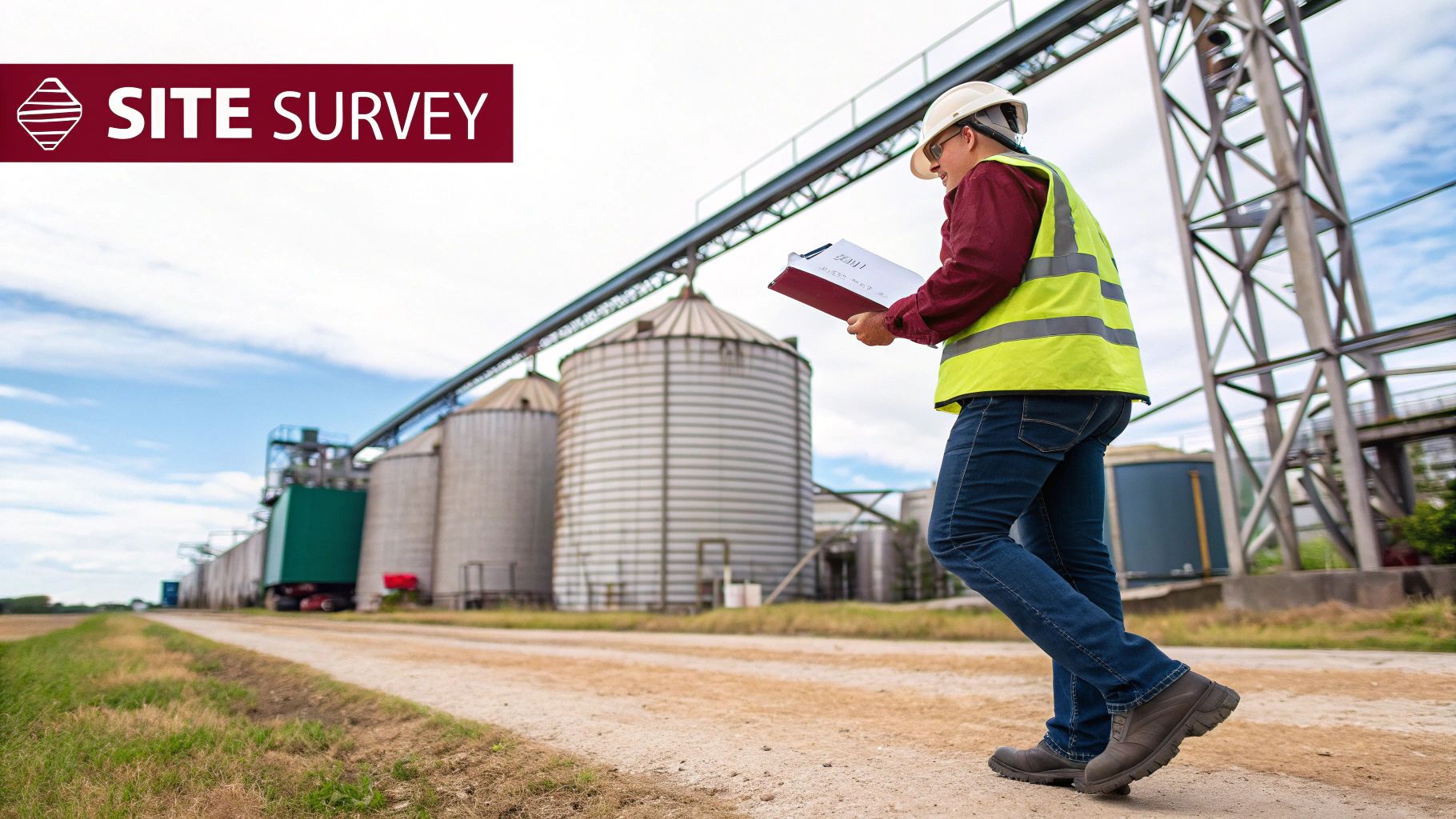 A worker in a high-visibility vest and hard hat inspects a grain facility, clipboard in hand, laying the groundwork for a grain dust assessment.