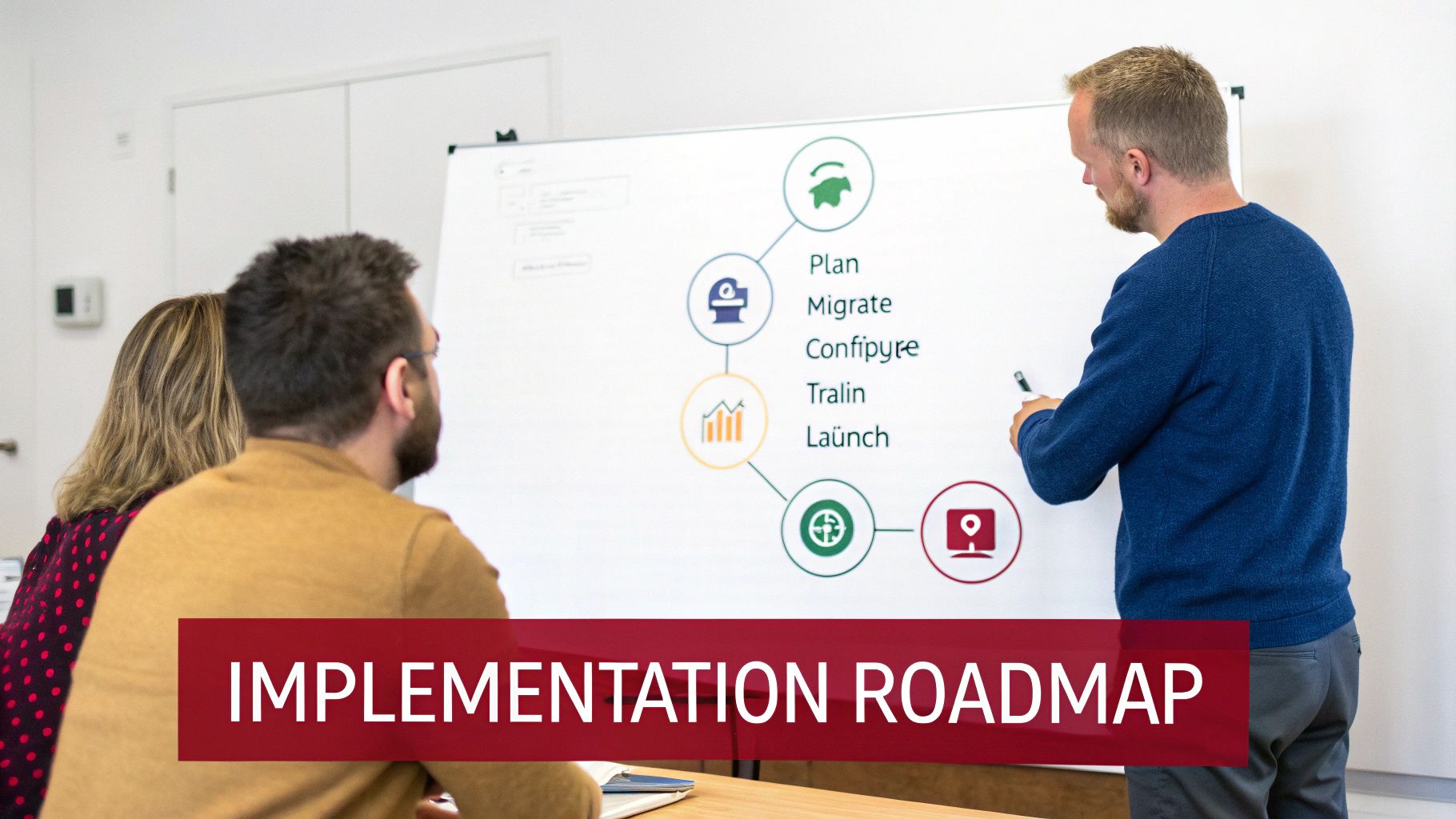 Three people discuss an implementation roadmap on a whiteboard, outlining steps like plan, migrate, and launch.