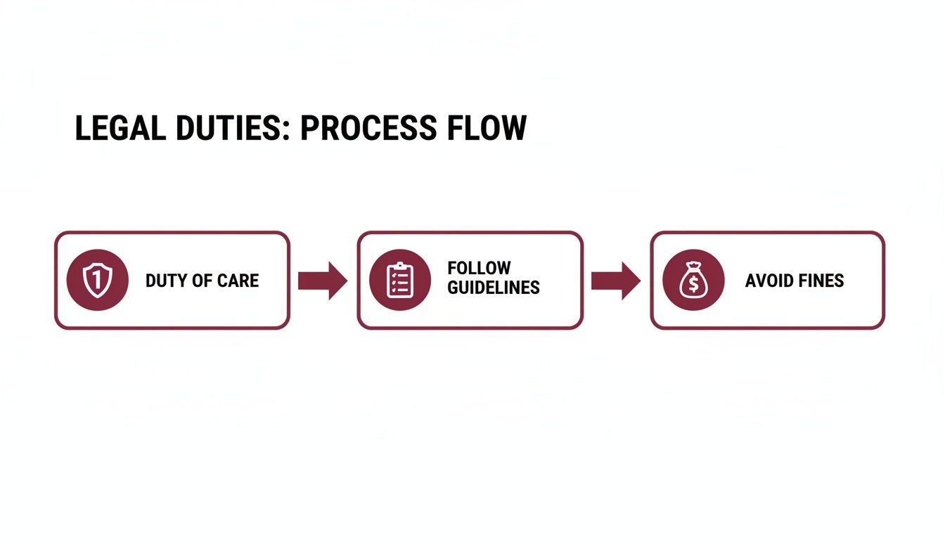 A legal duties process flow diagram illustrating the sequence: duty of care, follow guidelines, and avoid fines.