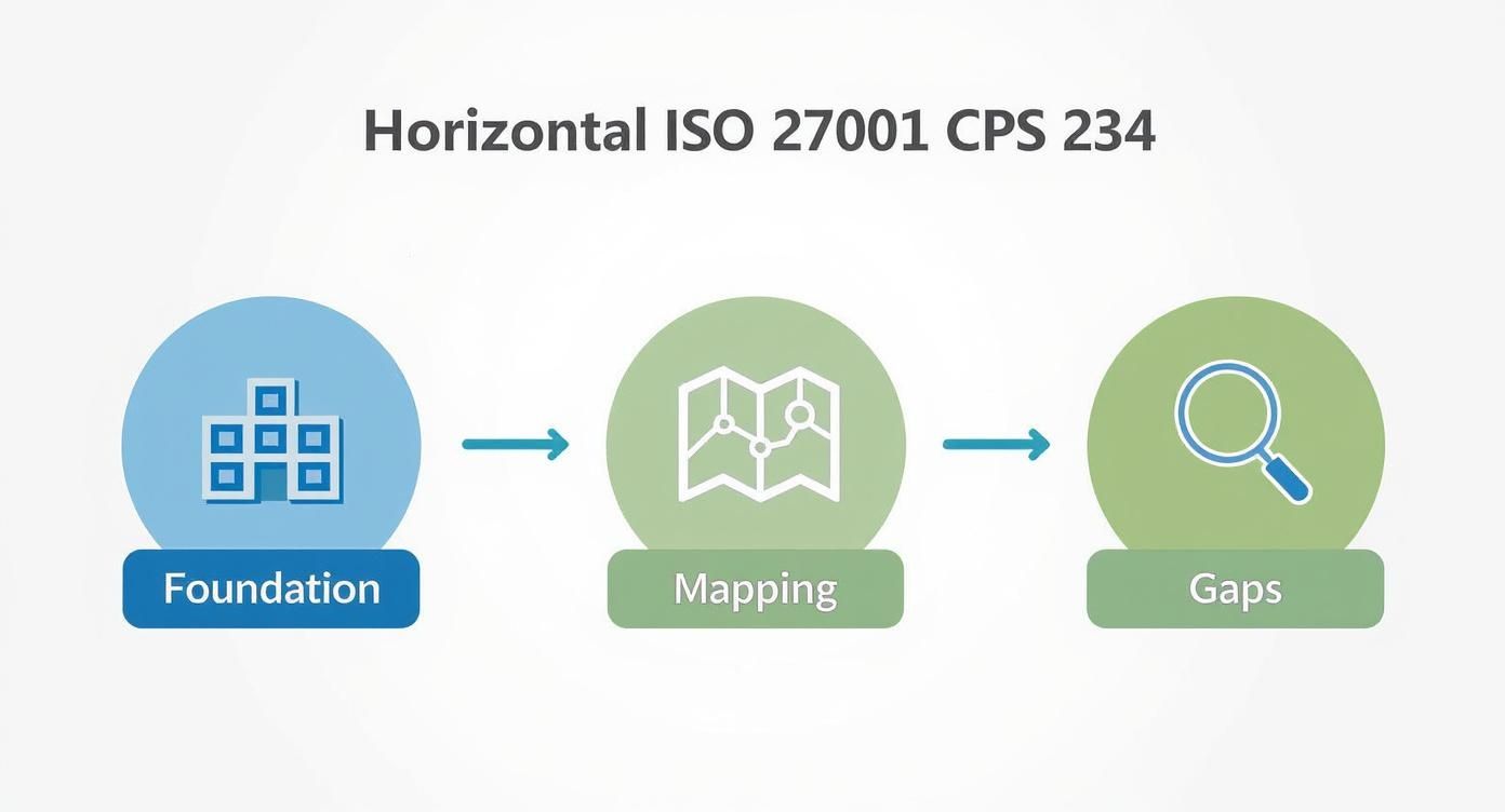 Horizontal diagram for ISO 27001 CPS 234 showing steps: Foundation, Mapping, and Gaps.