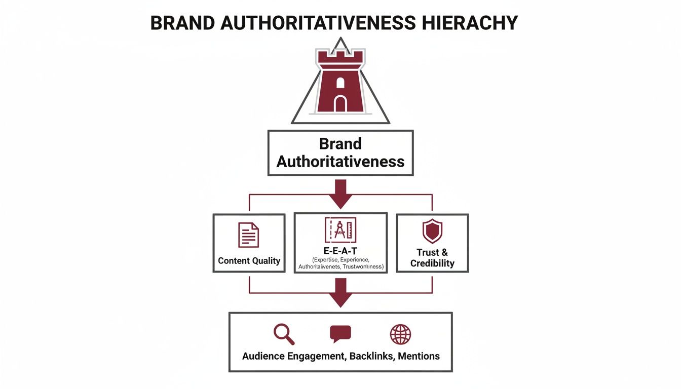 A hierarchy diagram illustrating brand authoritativeness, E-E-A-T, content quality, and trust leading to engagement.