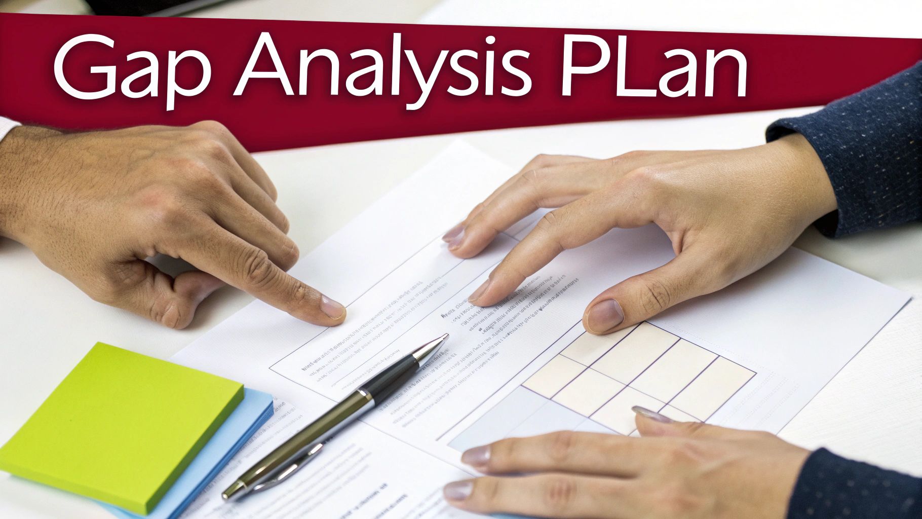 Two people's hands reviewing a "Gap Analysis Plan" document on a table with a pen and sticky notes.