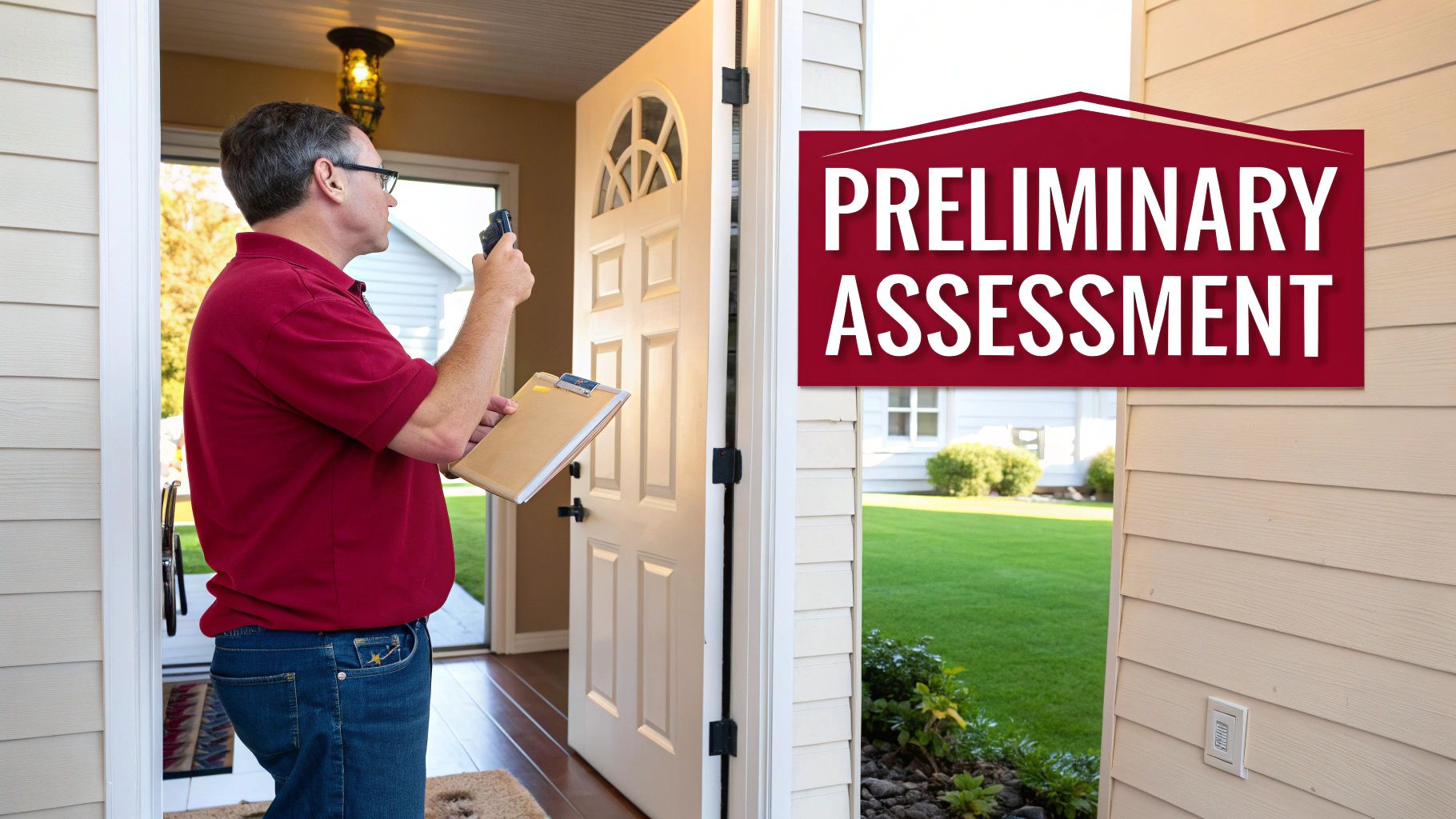 Man in red shirt holding a device and clipboard at a home for a preliminary assessment.