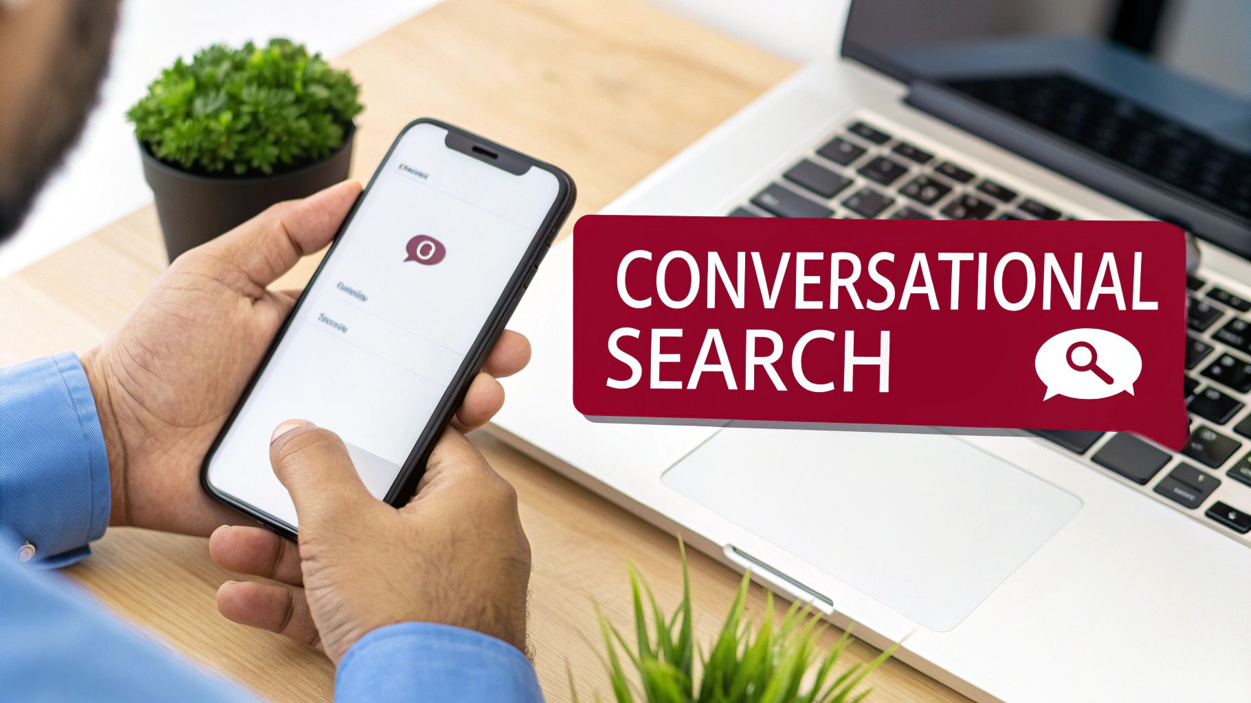 A person using a smartphone displays 'Conversational Search' text, emphasizing AI interaction.