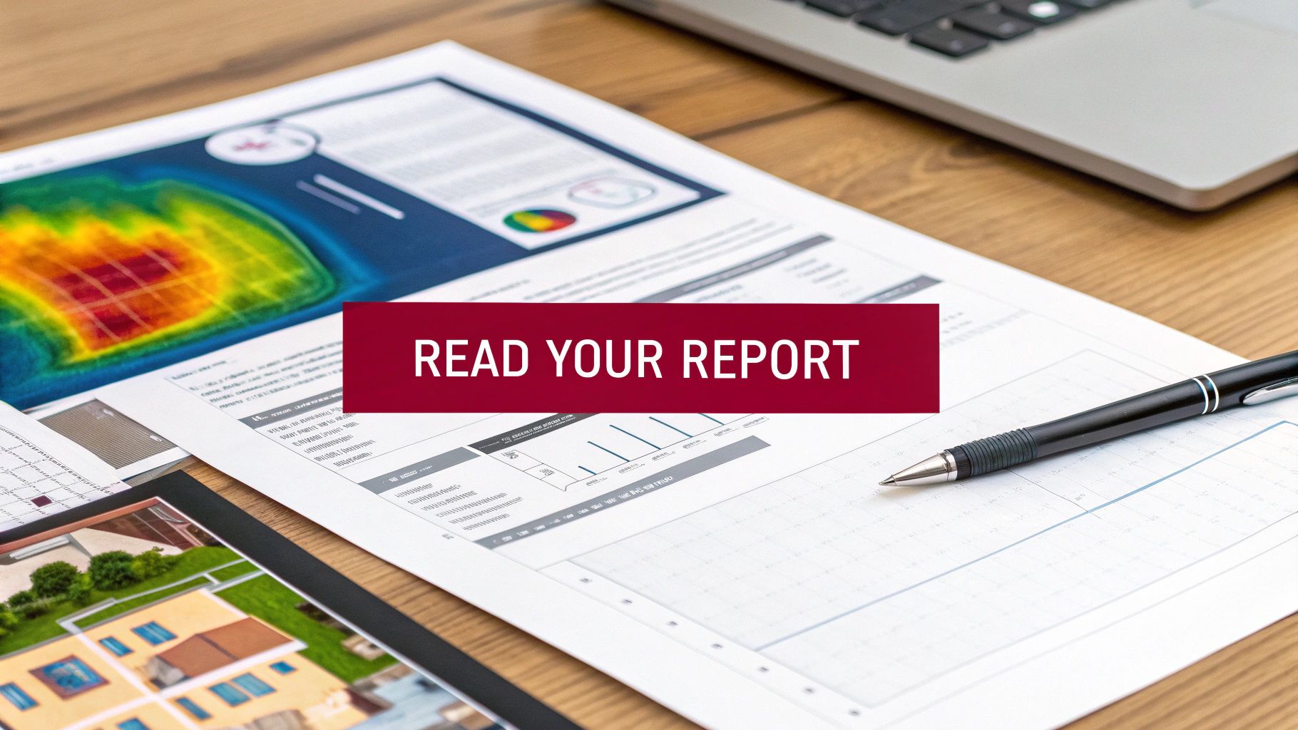 Report on a desk with thermal imaging and charts, pen, laptop, and 'READ YOUR REPORT' overlay.