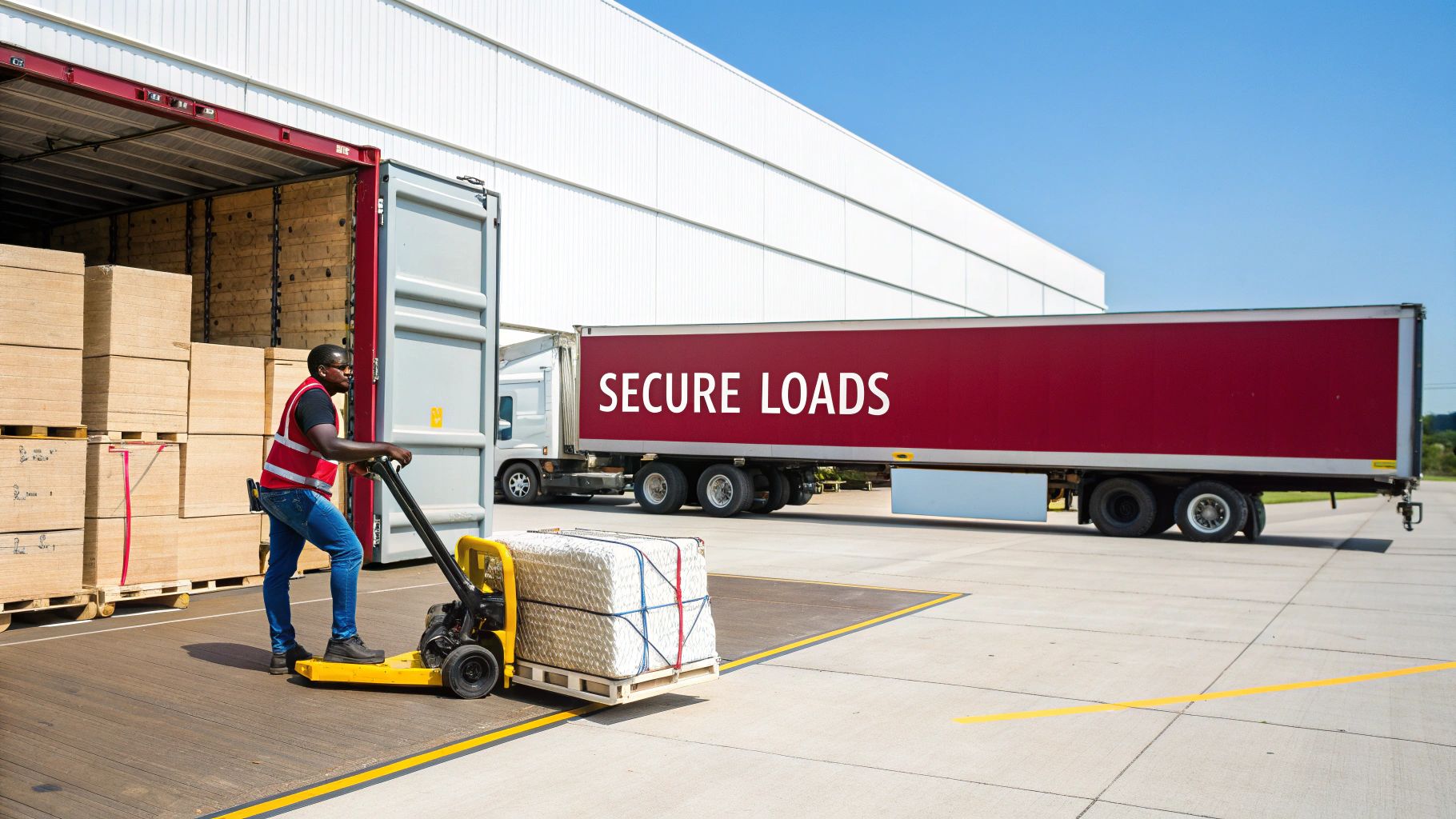 A warehouse worker loads a shipping container with a pallet jack, while a truck trailer with 'SECURE LOADS' is nearby.