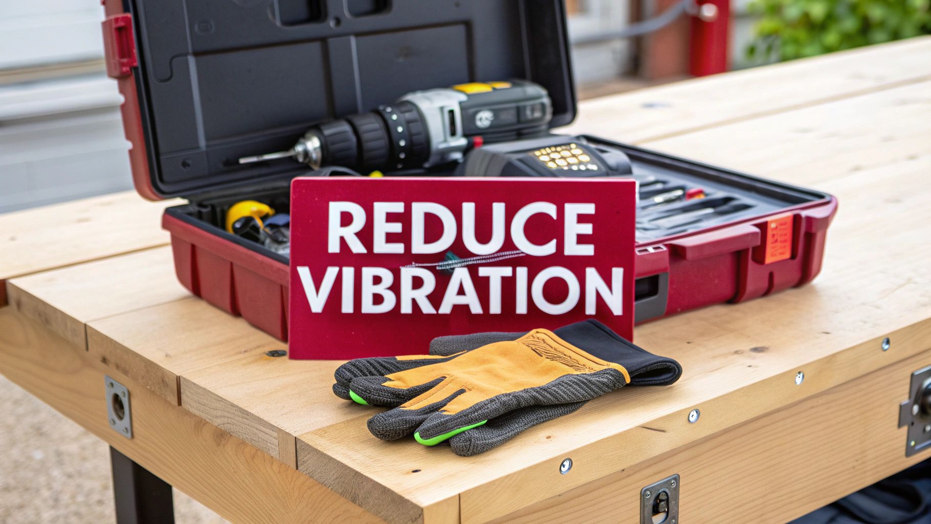 Work tools, safety gloves, and a 'REDUCE VIBRATION' sign on a wooden workbench.