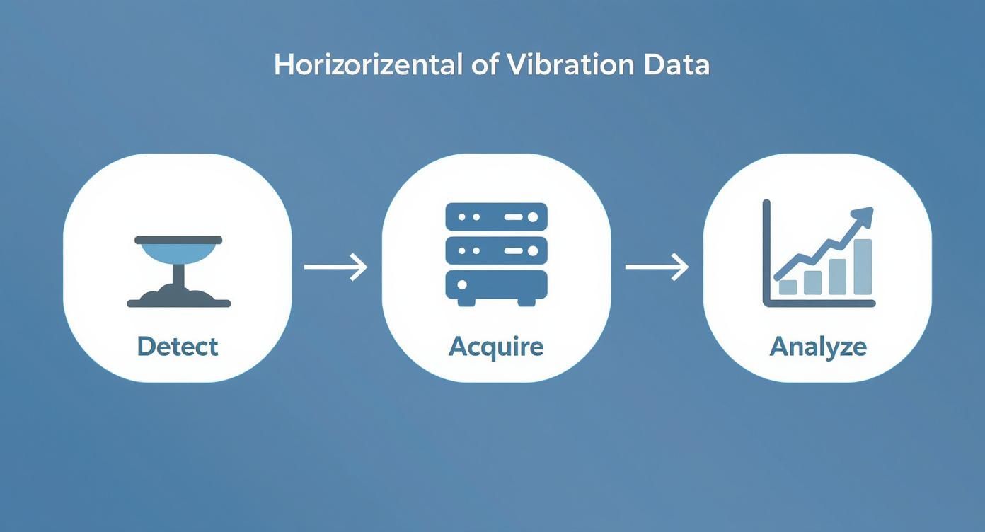 Infographic showing the process flow of vibration data from detection by a sensor, to acquisition by a server, and finally to analysis on a graph.