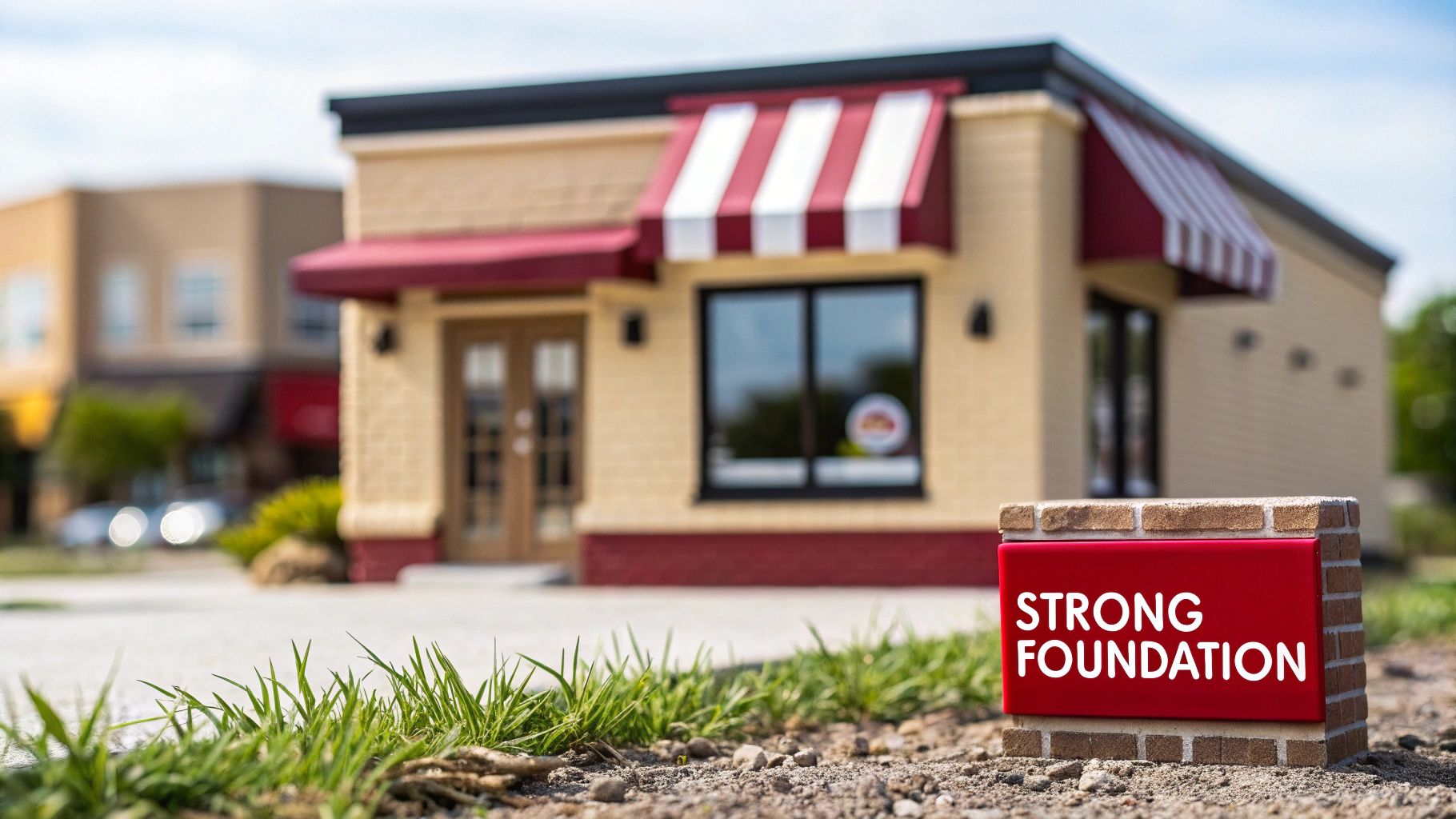 A small commercial building with awnings and a sign saying "STRONG FOUNDATION" in the foreground.