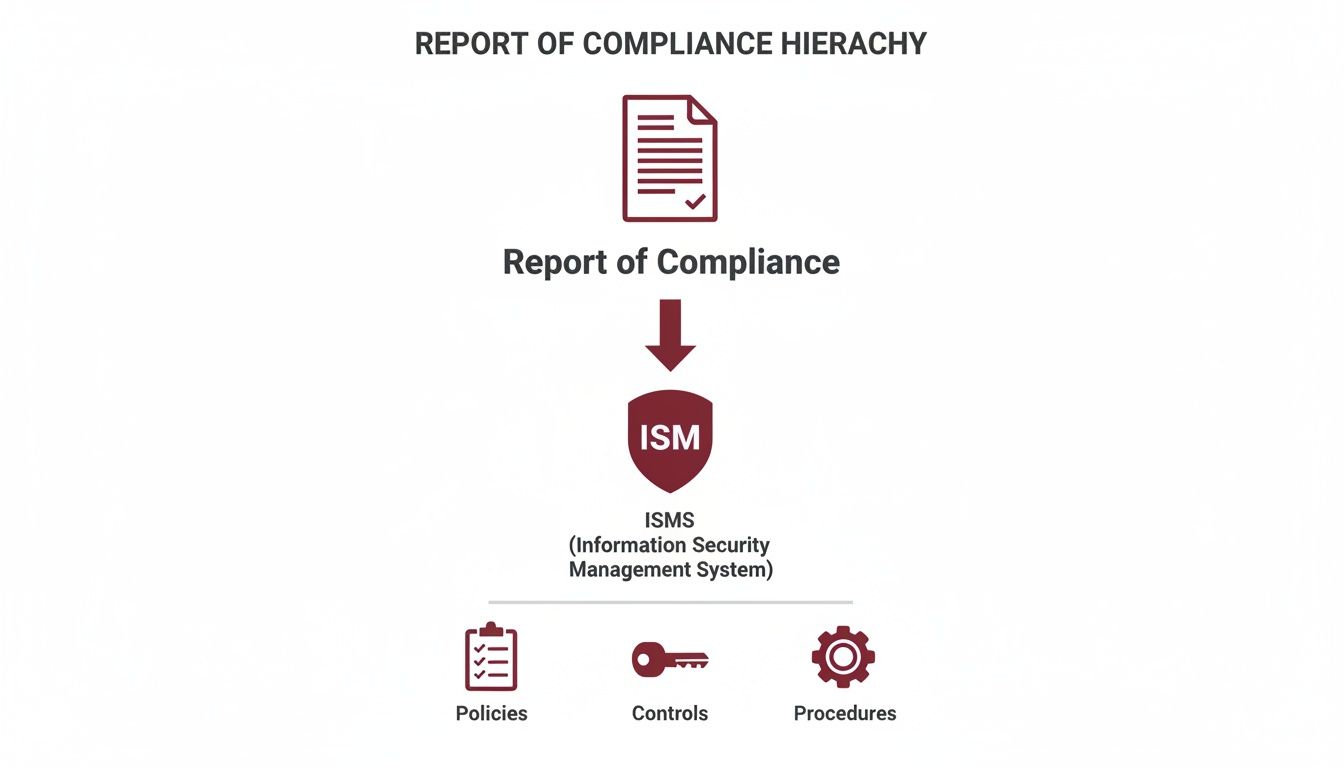 A hierarchy chart showing Report of Compliance leading to ISMS (Information Security Management System) and its components: Policies, Controls, Procedures.