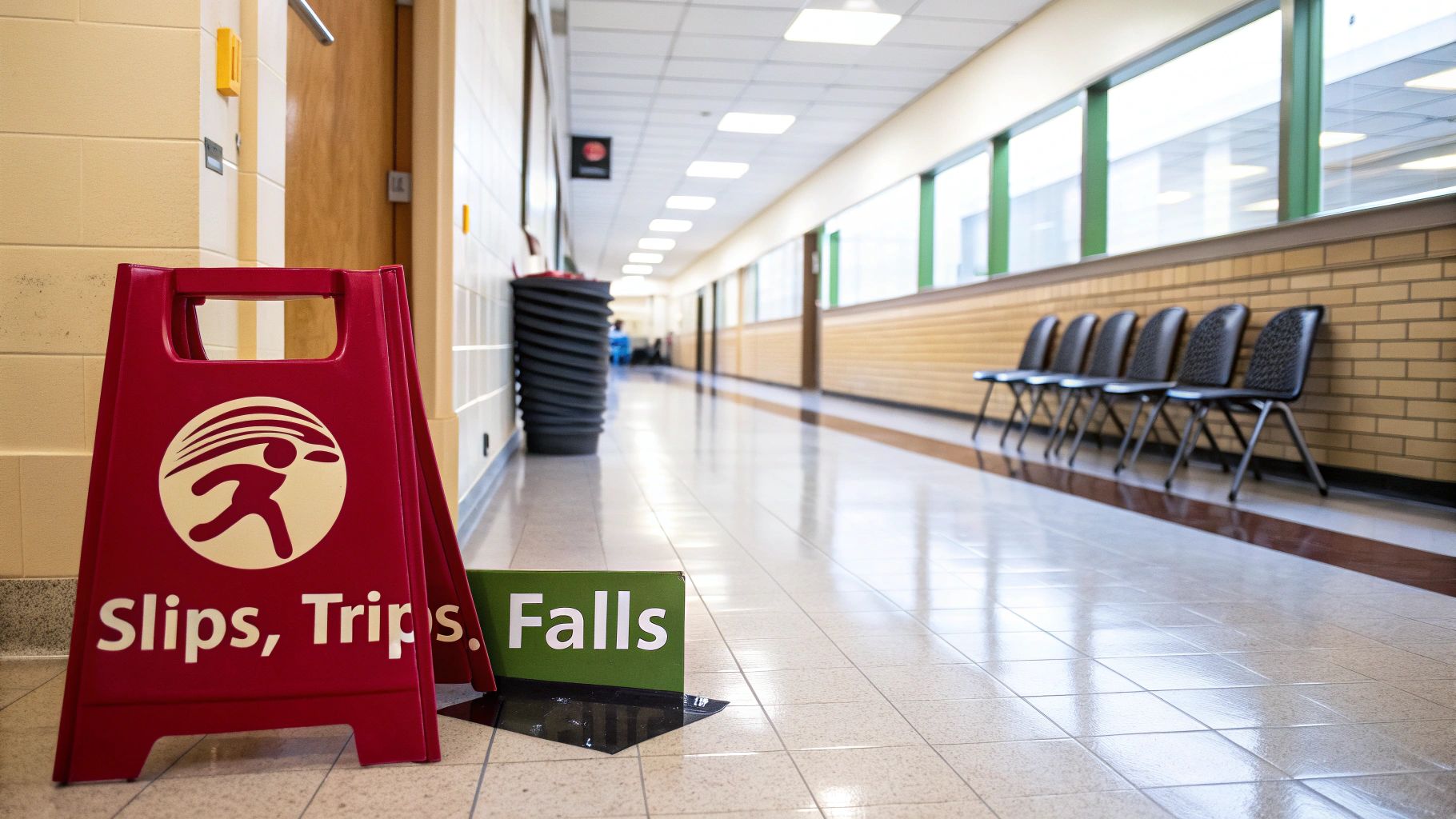 A red 'Slips, Trips, Falls' safety warning sign stands in a bright, empty school hallway.