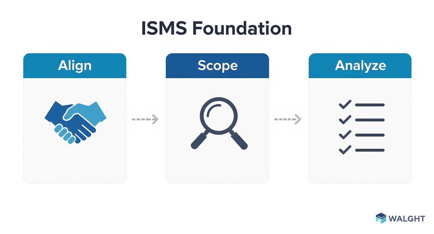 An infographic illustrating the 3-step ISMS foundation, showing icons for Align, Scope, and Analyze in a left-to-right process flow.