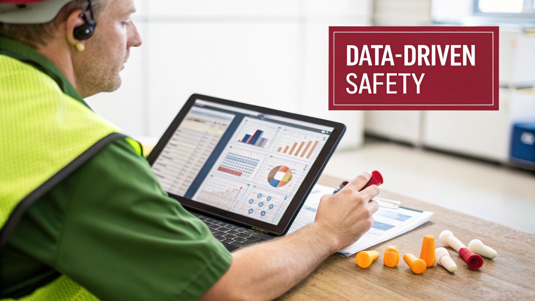 A safety manager reviewing charts and data related to hearing protection fit testing on a tablet.