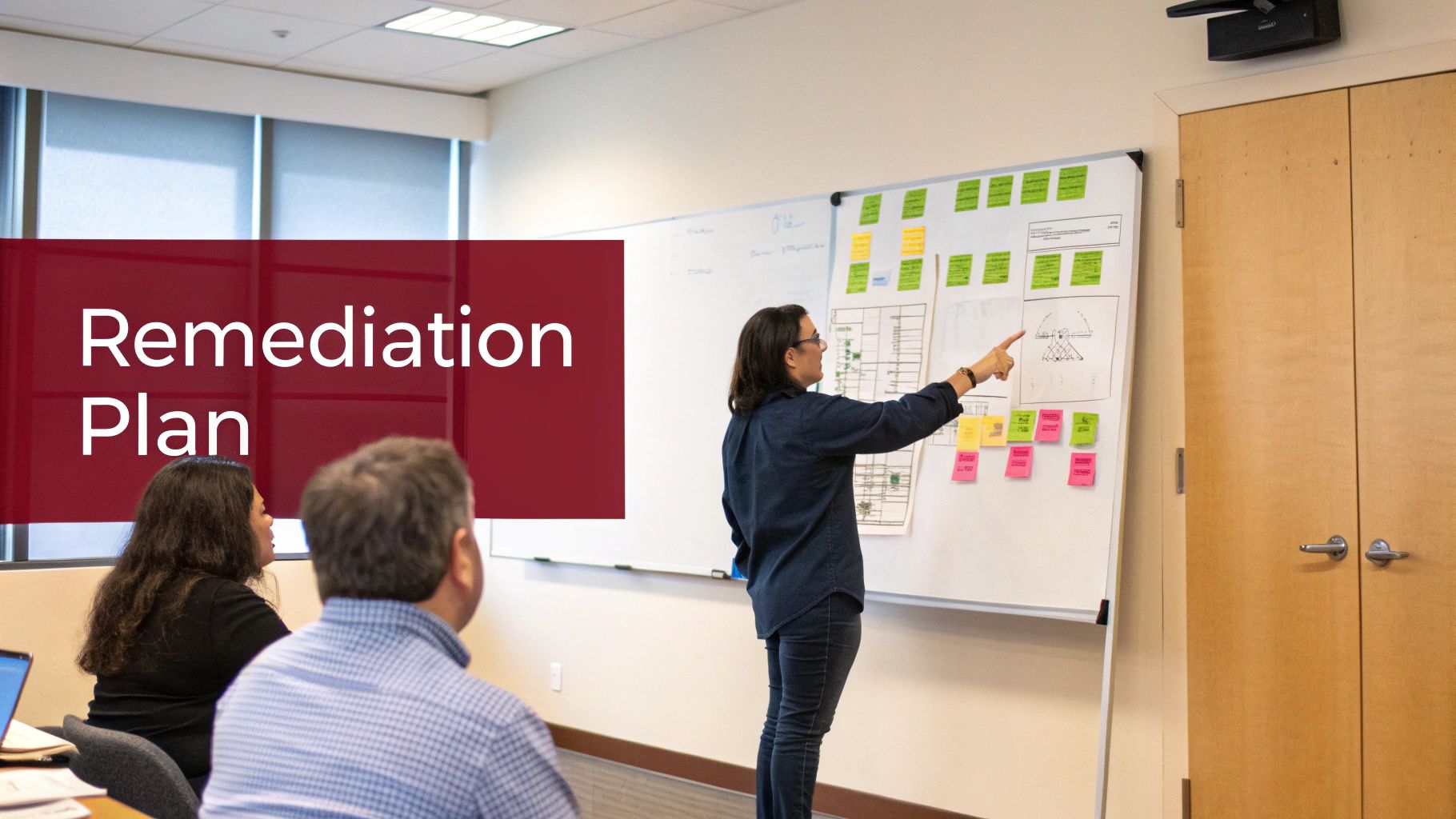 A woman presents a remediation plan on a whiteboard with sticky notes to a group in a meeting.