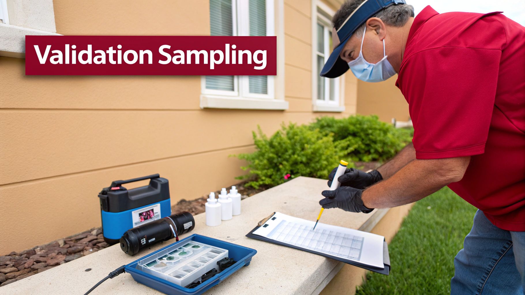 Man in mask and gloves conducting validation sampling outdoors with various testing equipment.