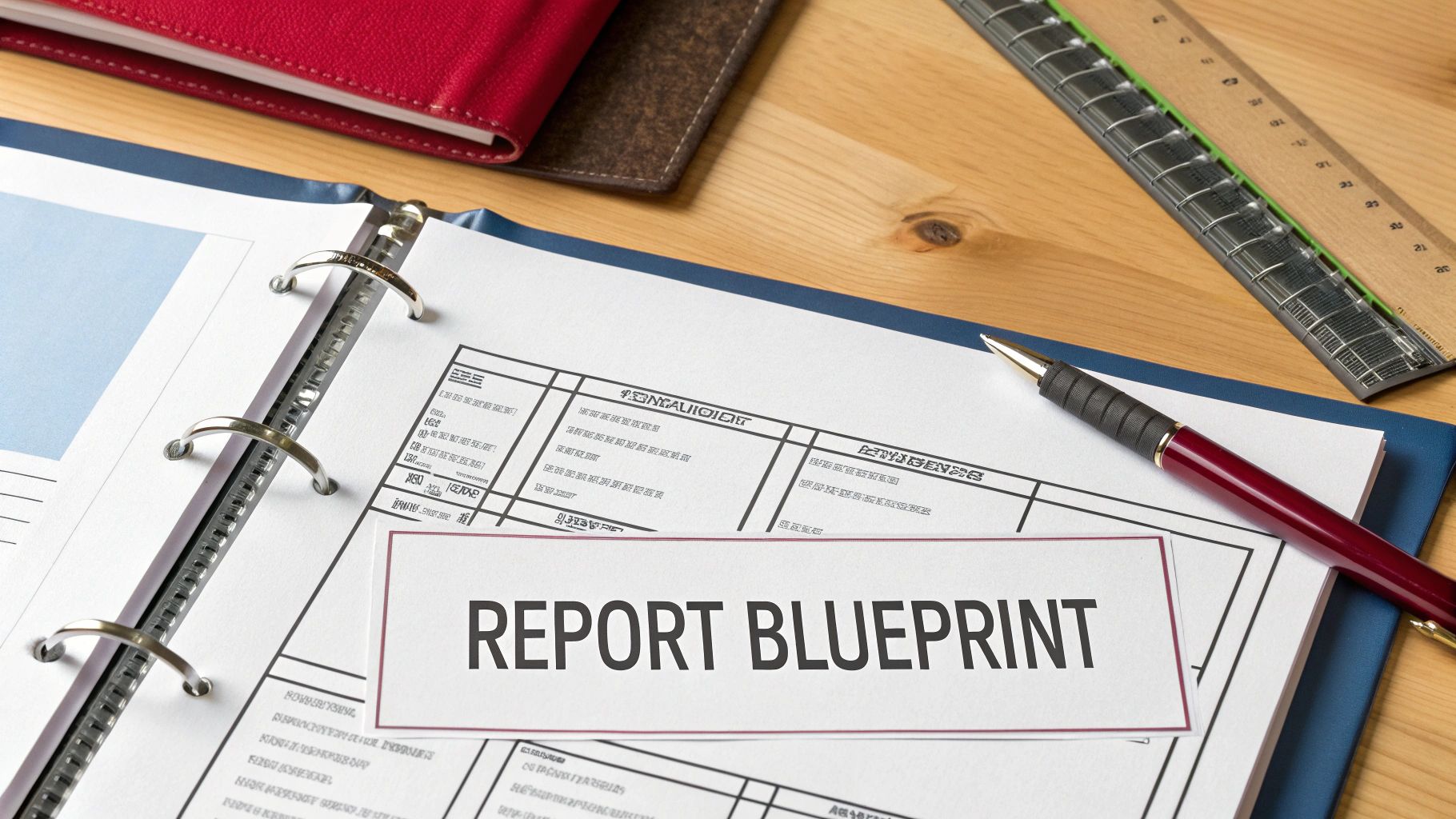 Overhead view of a 'REPORT BLUEPRINT' document in a binder, alongside a pen, ruler, and red notebook on a wooden desk.