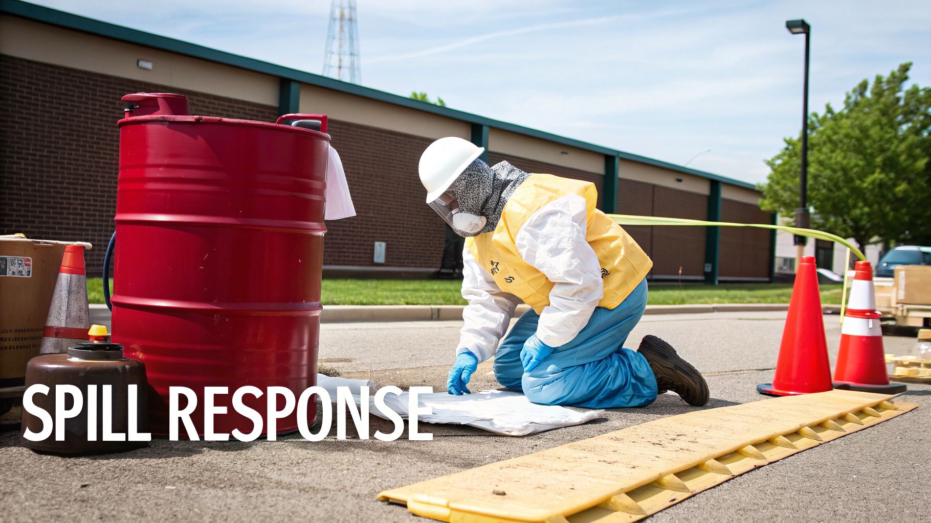 A hazmat worker in protective gear responds to a spill next to red barrels and traffic cones.