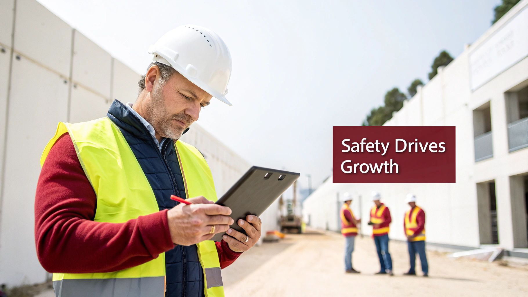 A safety officer on a construction site reviews documents, emphasizing the importance of a risk management plan.