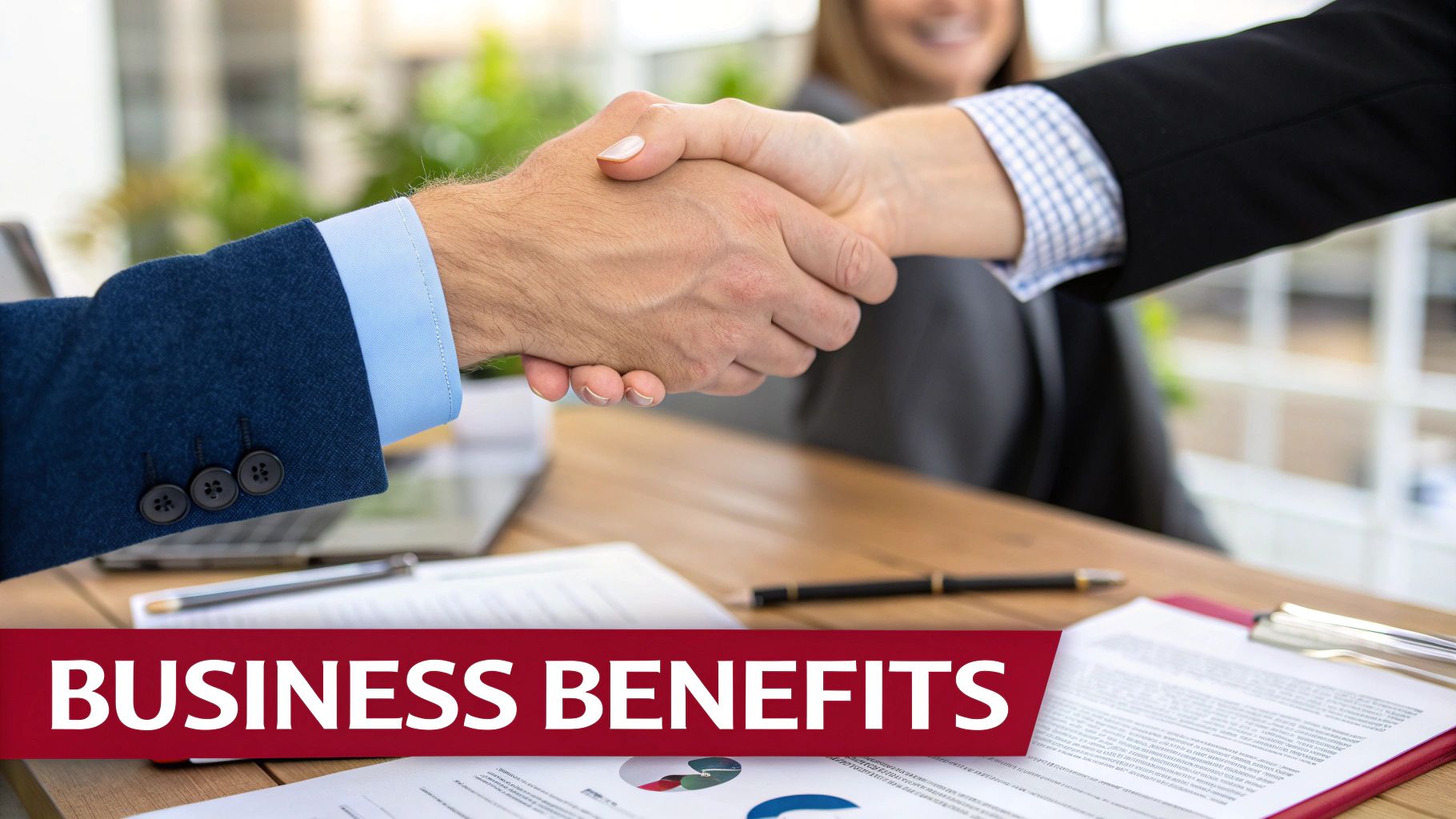 Two business people shaking hands over a table with documents, signifying a deal or agreement.