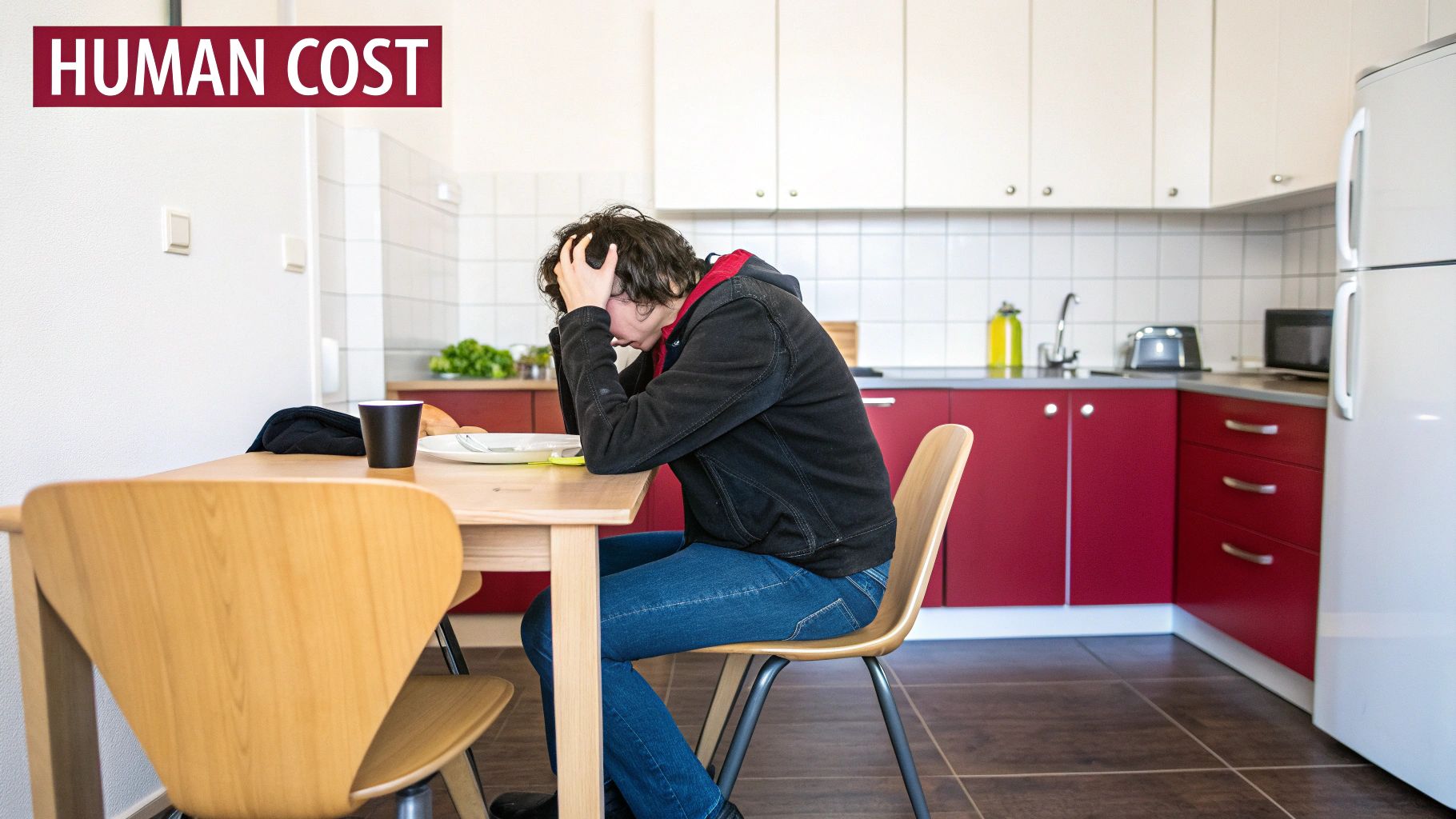 A person appears distressed, sitting at a kitchen table with hands on their head, in a modern kitchen.