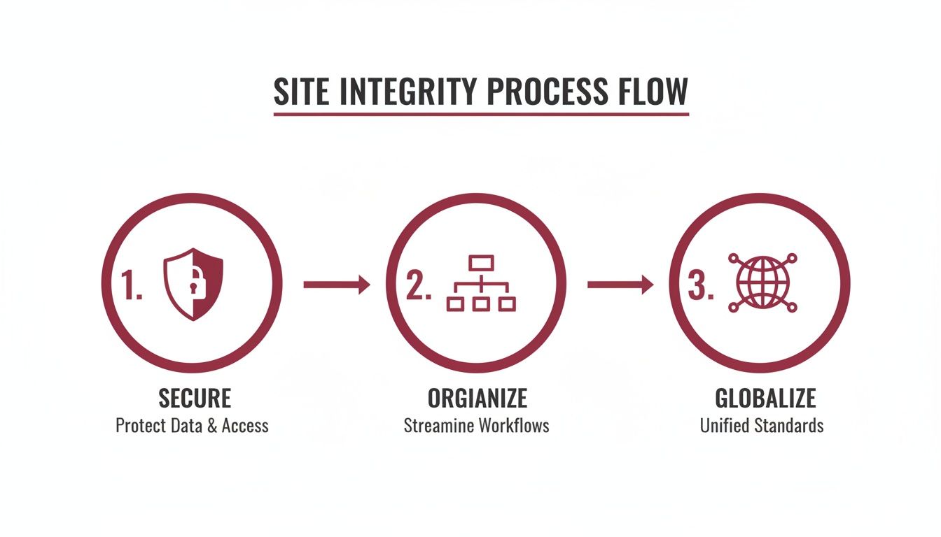 A three-step site integrity process flow illustrating secure, organize, and globalize stages.
