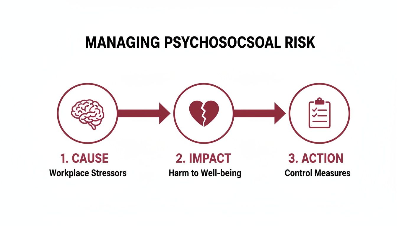 Flowchart illustrating managing psychosocial risk: cause (workplace stressors), impact (harm to well-being), and action (control measures).