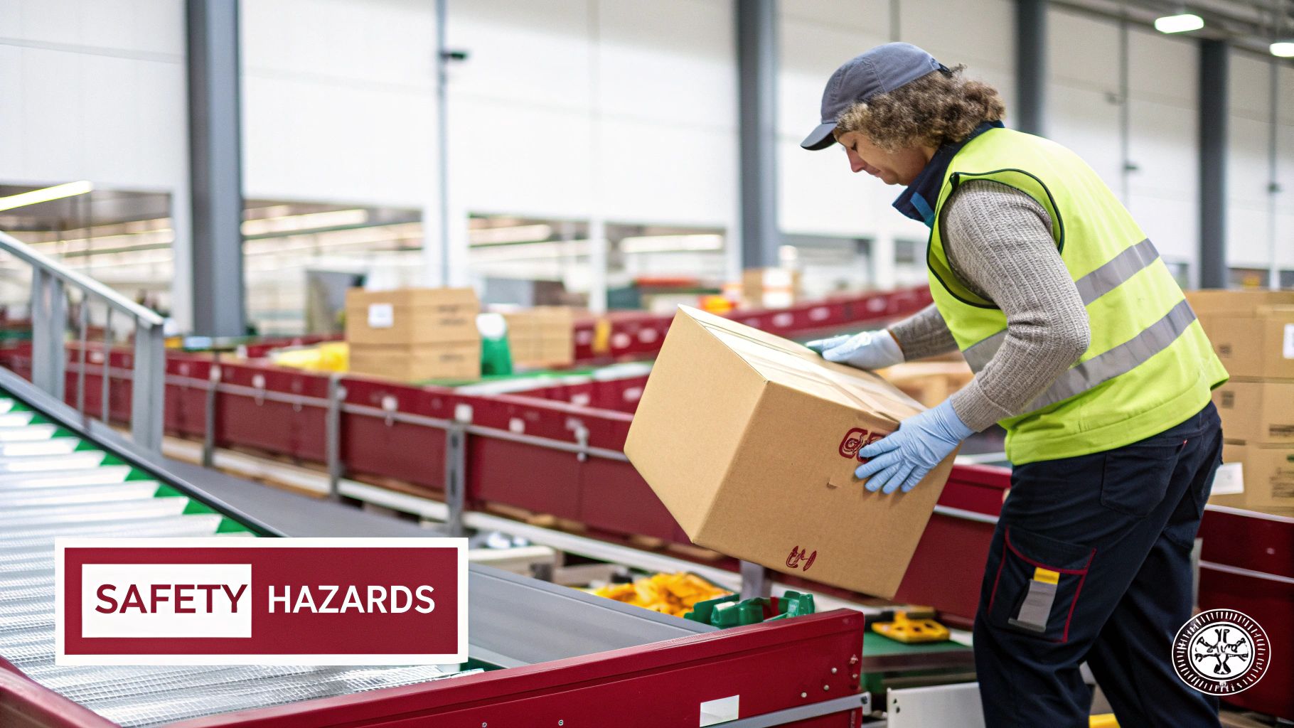 Worker in safety vest and gloves manually handling a package on a conveyor belt, highlighting workplace safety.