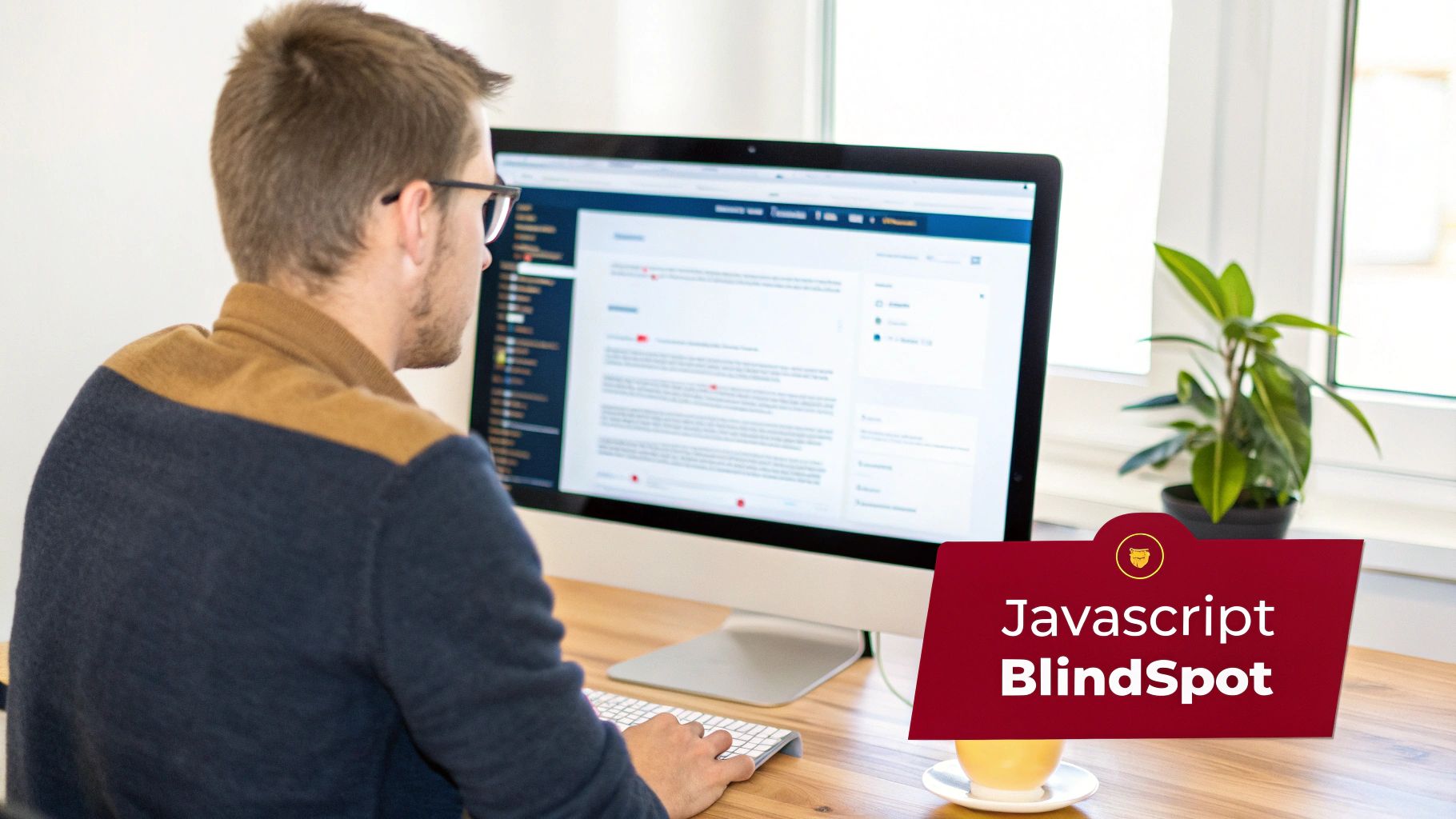 Man from behind coding Javascript on a computer, with a coffee cup, and a plant, illustrating the complexities of JavaScript SEO mastery.