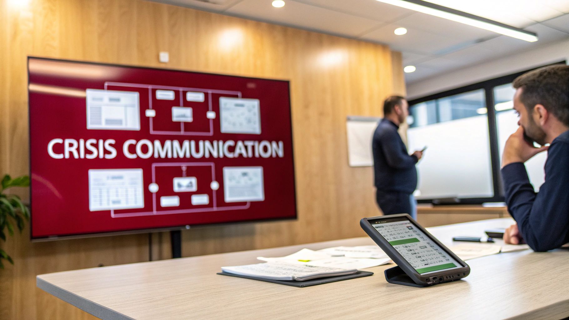 Professionals discussing crisis communication strategies in a modern office meeting room with a large screen.