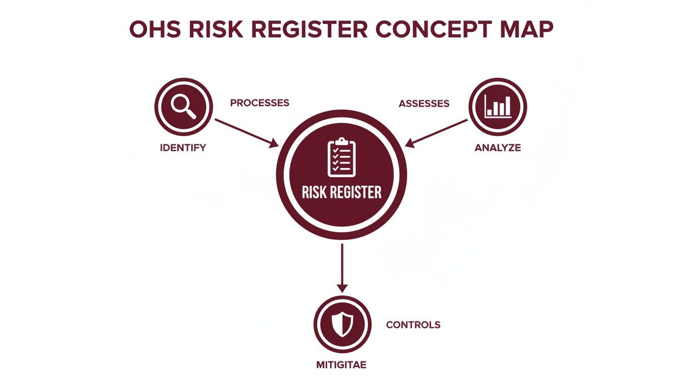 A concept map illustrates the OHS Risk Register process, connecting identify, analyze, and mitigate steps.