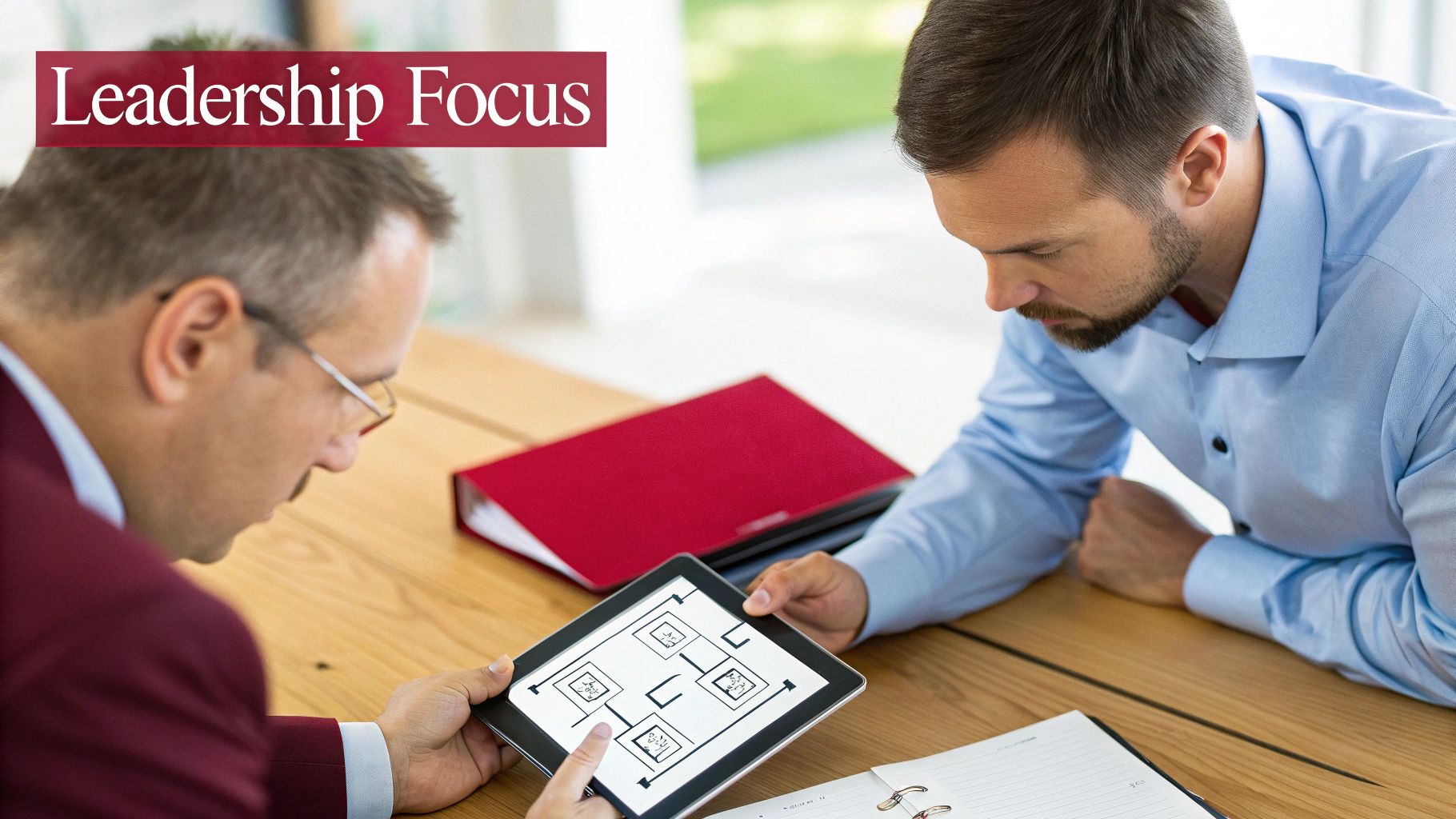 Two professionals reviewing a digital flowchart on a tablet during a business meeting.