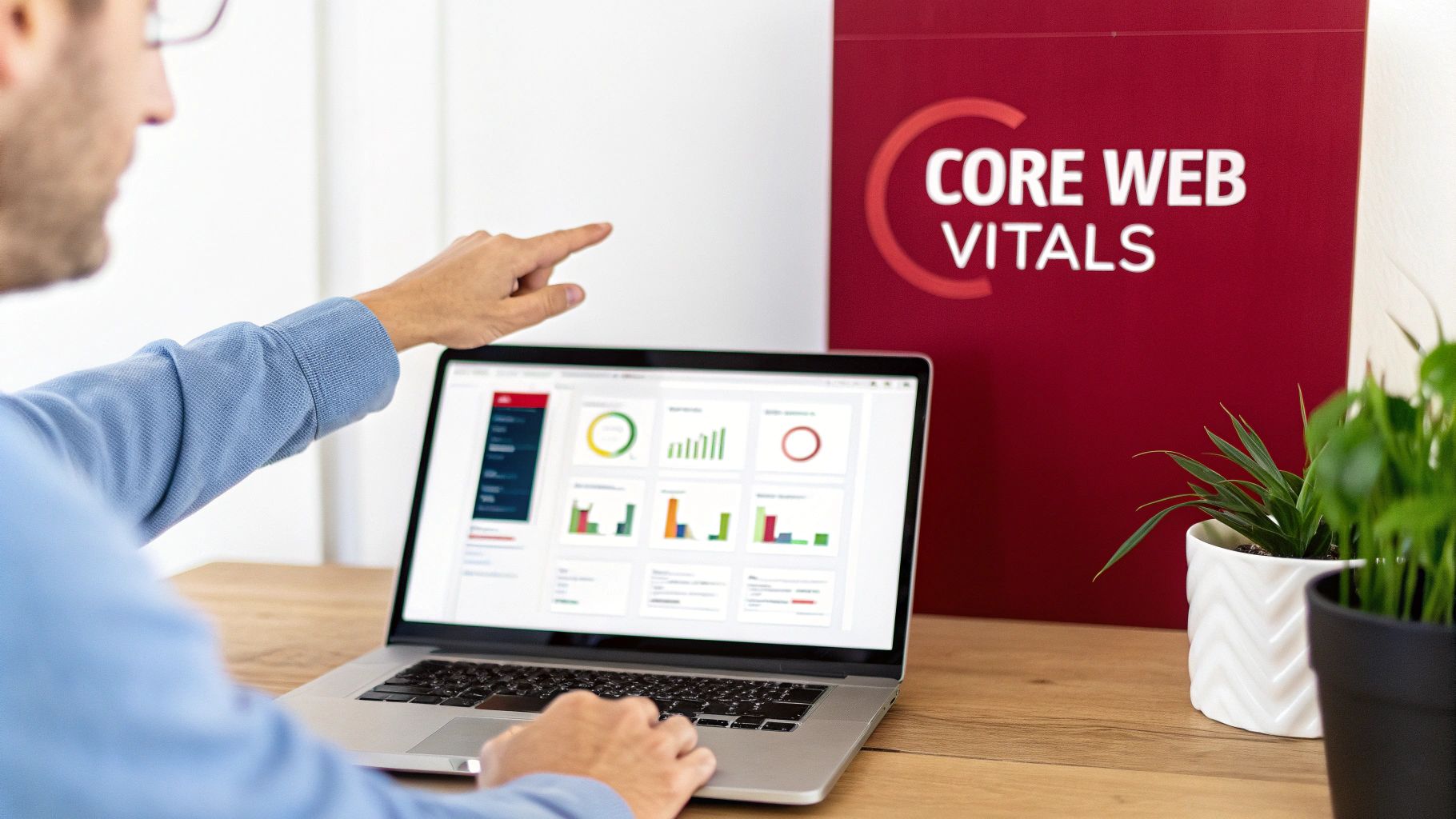 A person points at a laptop screen displaying web performance metrics, with a 'Core Web Vitals' sign.