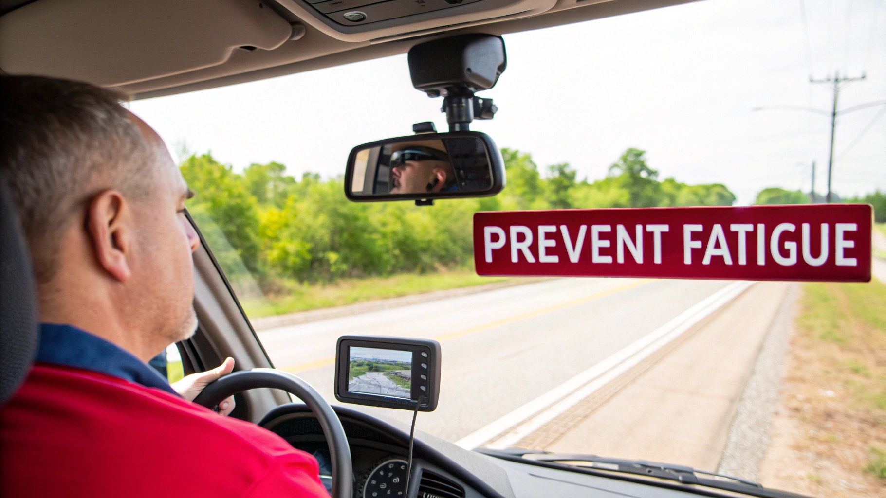 A truck driver behind the wheel views a 'PREVENT FATIGUE' sign and dash monitor.