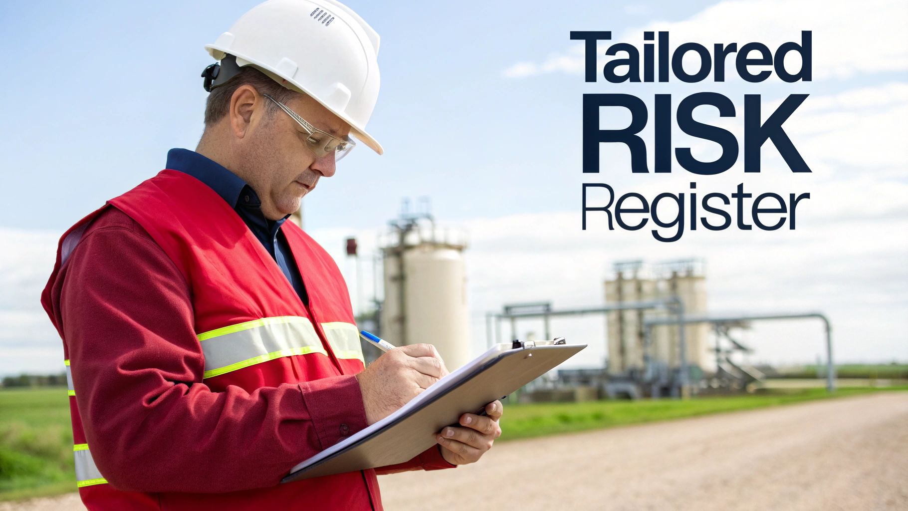 An engineer in safety gear writing on a clipboard at an oil and gas facility, with 'Tailored Risk Register' text.