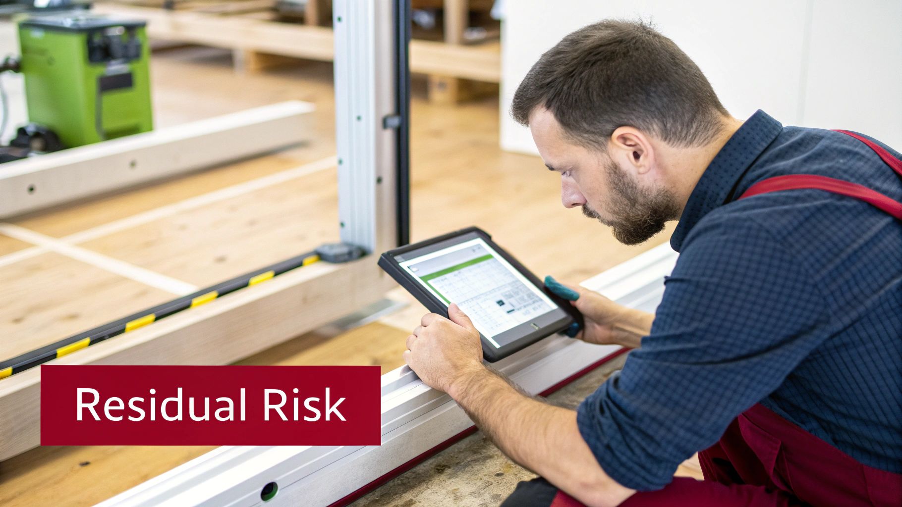 A man in a workshop reviews data on a tablet, with “Residual Risk” text on the image.