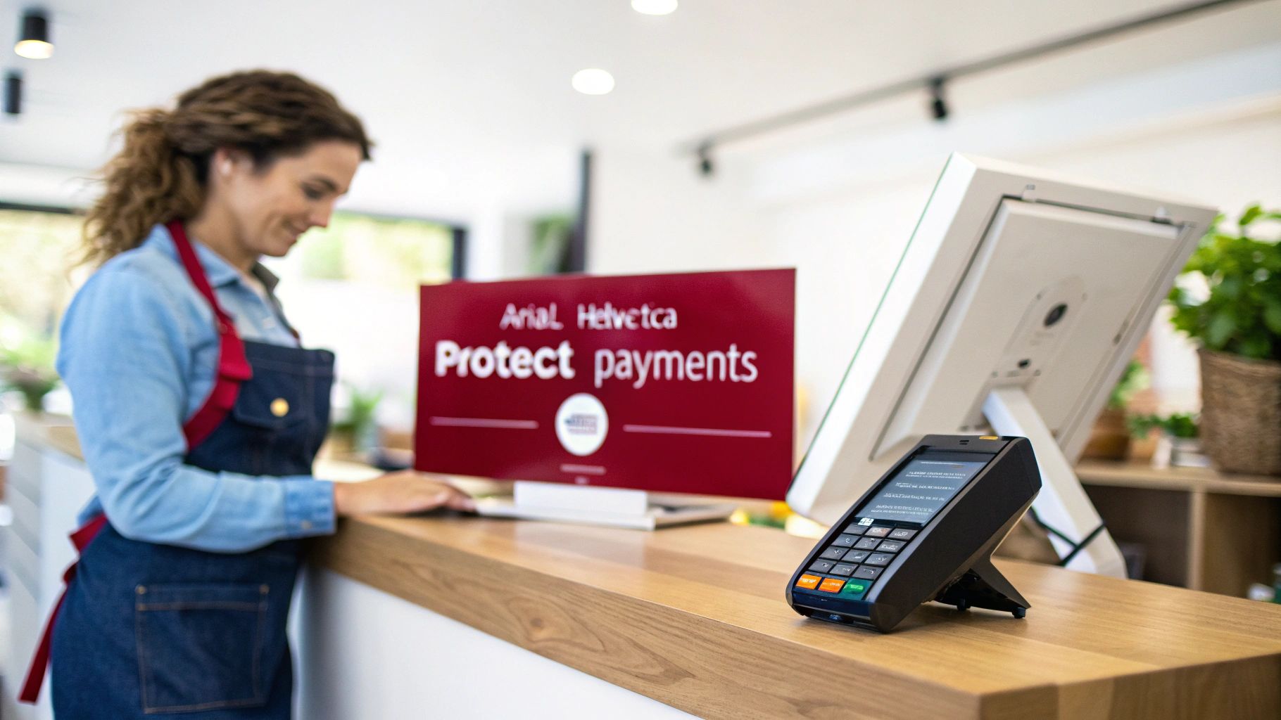 A smiling woman in an apron stands at a counter with a payment terminal and a sign promoting payment protection.