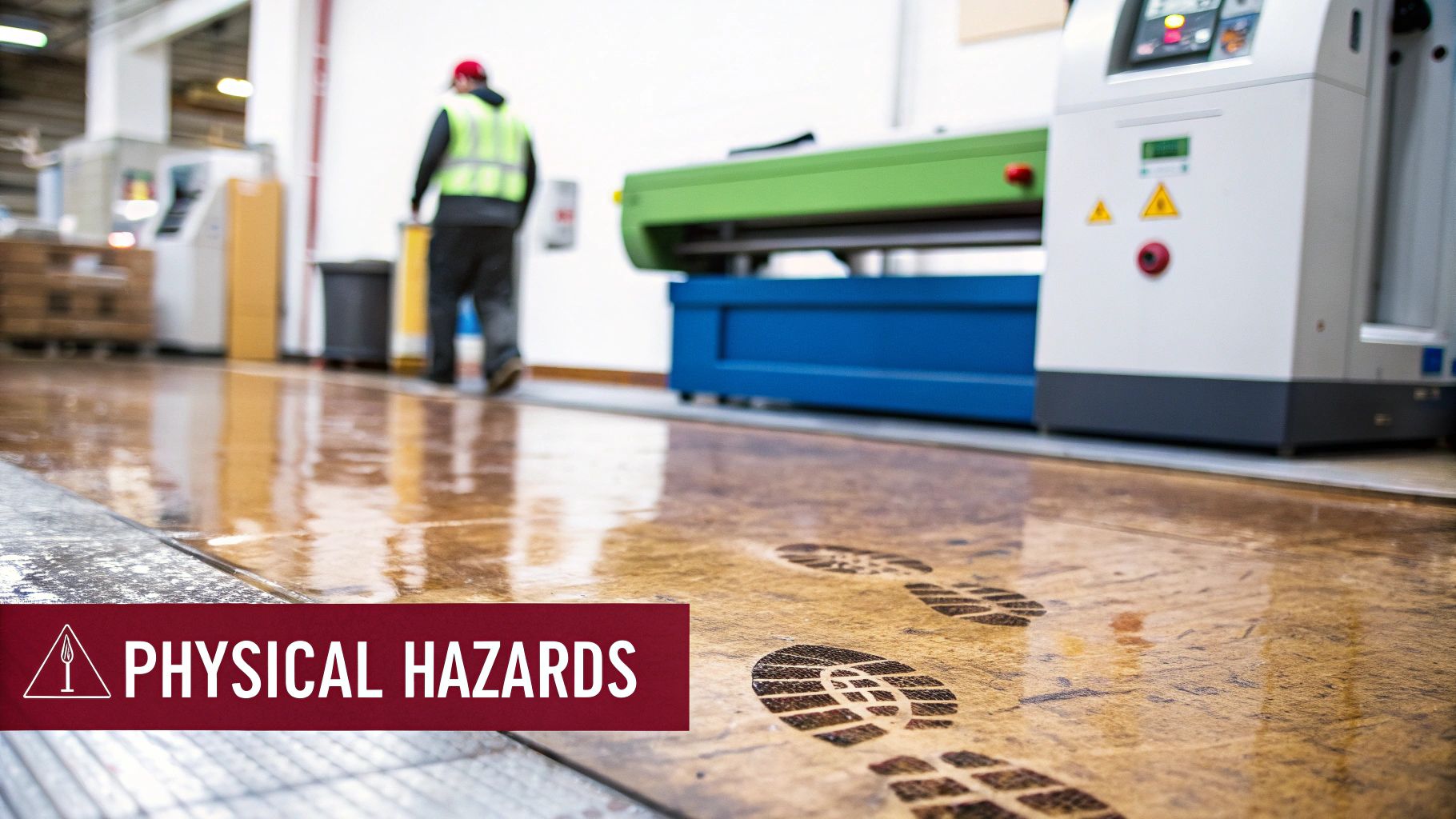 Worker walking on a wet factory floor with machinery, indicating physical hazards like slips.