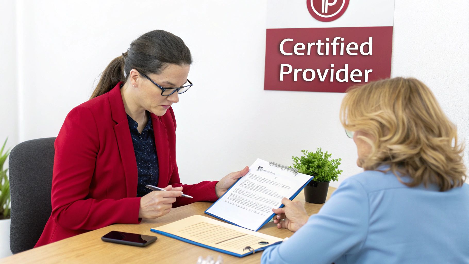 A certified provider in a red jacket assists a client with paperwork at a desk.