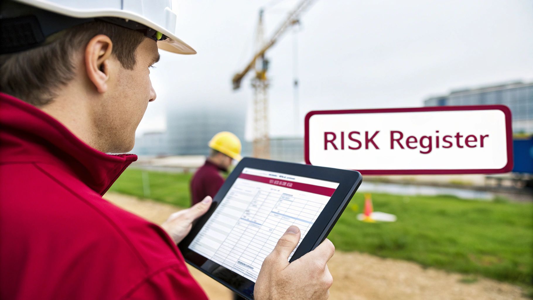 A construction worker in a hard hat reviews a digital risk register on a tablet at a job site.