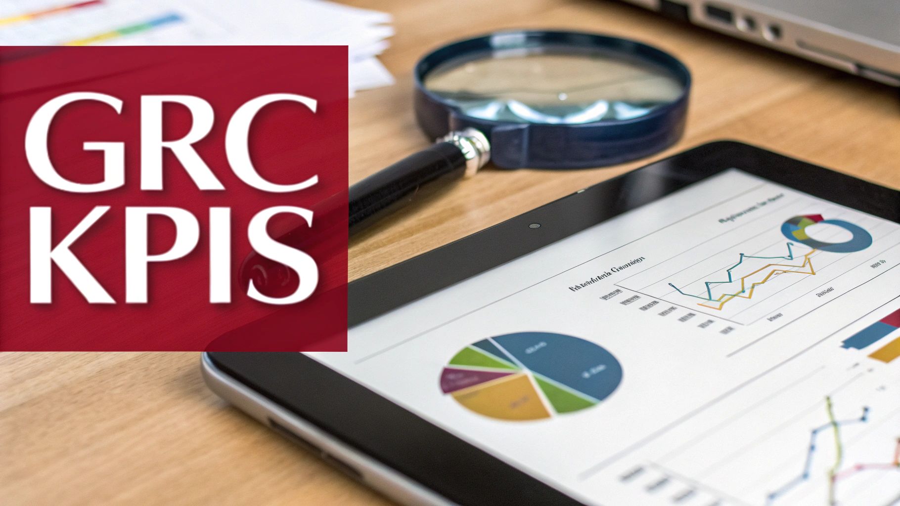 GRC KPIs on a red banner next to a tablet showing business charts and data.