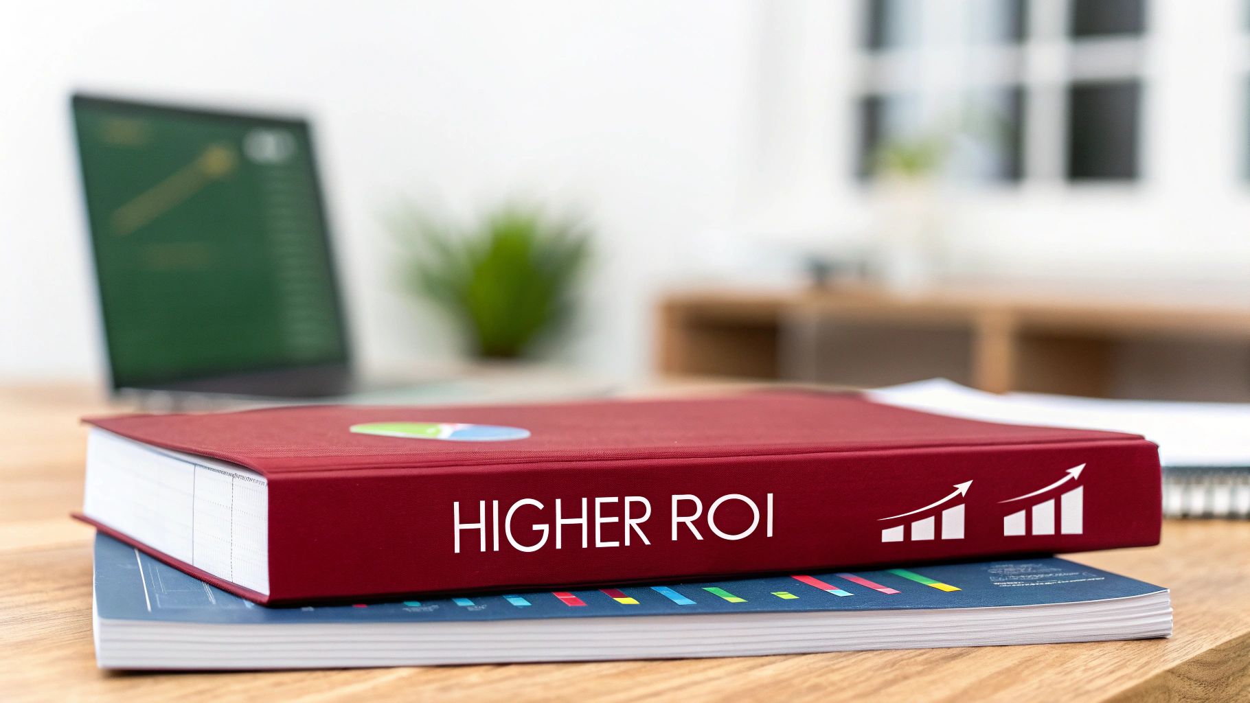 A red book with 'HIGHER ROI' and a bar graph icon sits on a wooden desk.