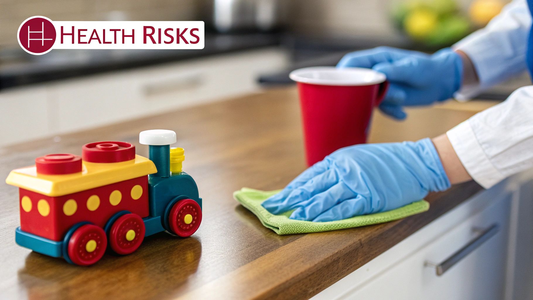 A gloved hand disinfects a kitchen counter near a colorful toy train and red cup, indicating home safety.