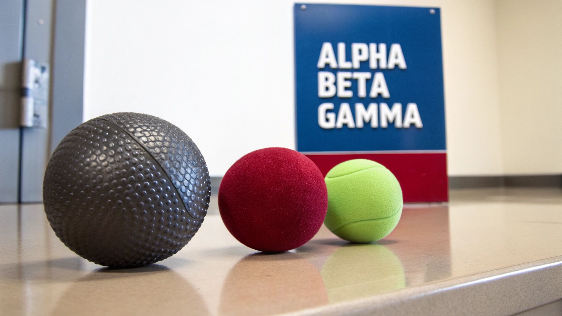 Three different textured balls (black, red, green) on a reflective surface with an 'ALPHA BETA GAMMA' sign.